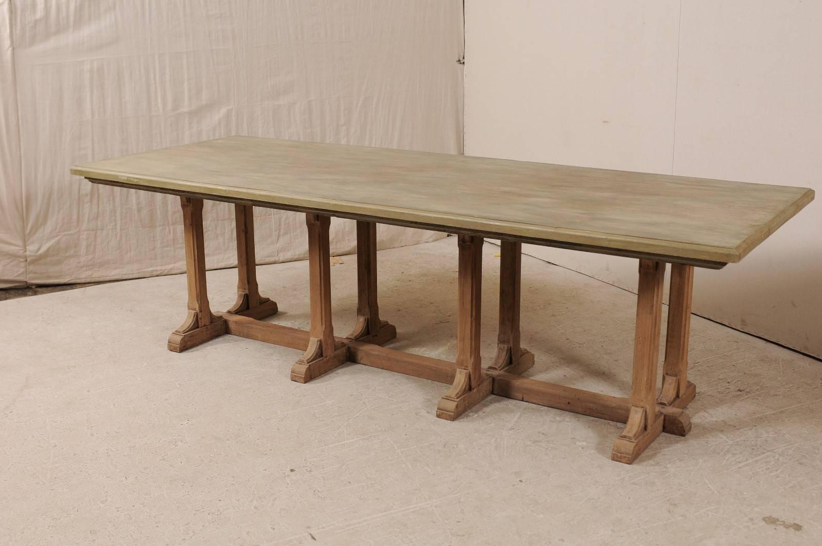 Reclaimed Wood Vintage Trestle Dining Table of Nice Old Indian Teak Wood and Subtle Painted Top
