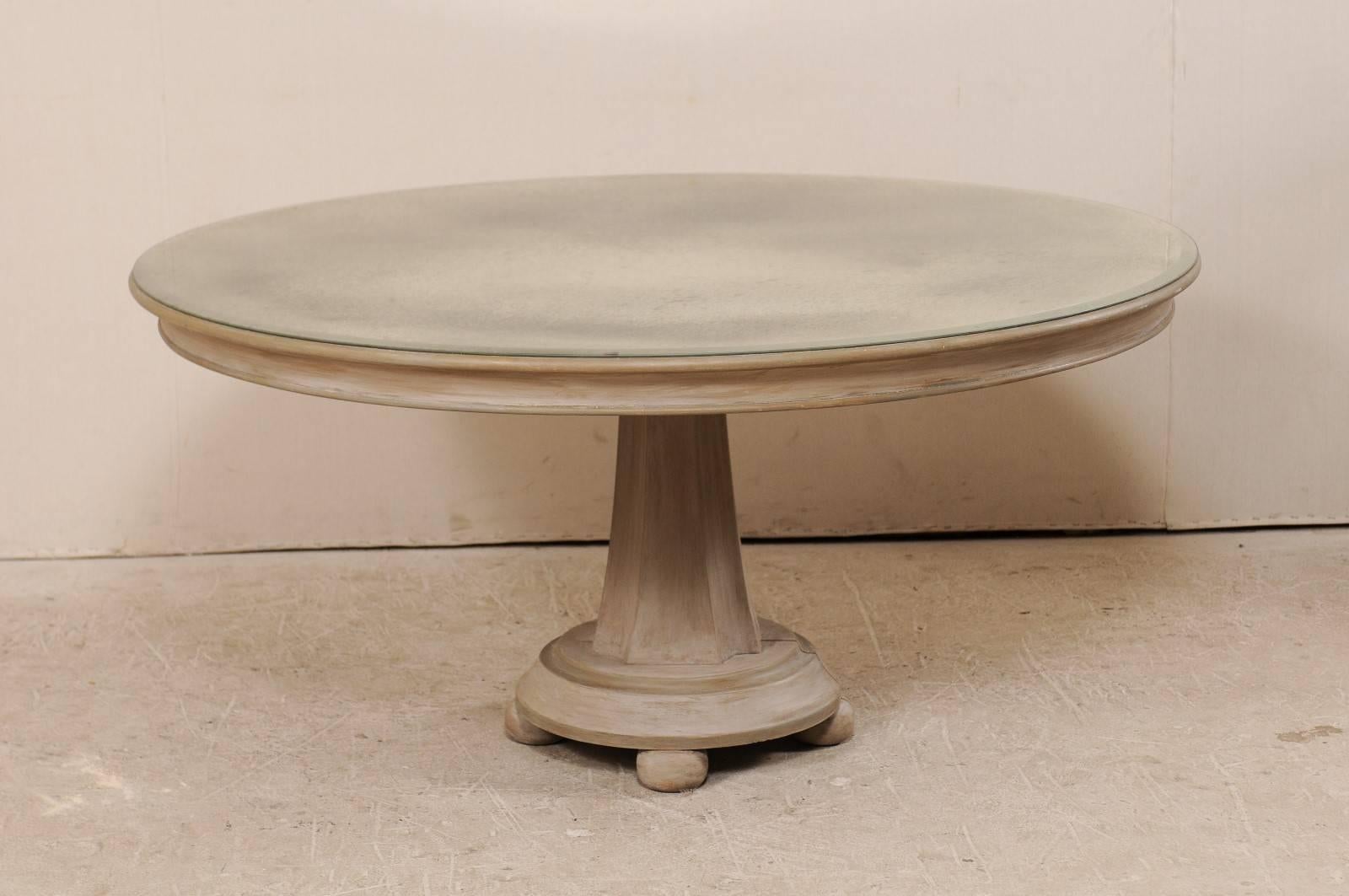 Carved Vintage Large Round Pedestal Table with Unique Antiqued Mirrored Top