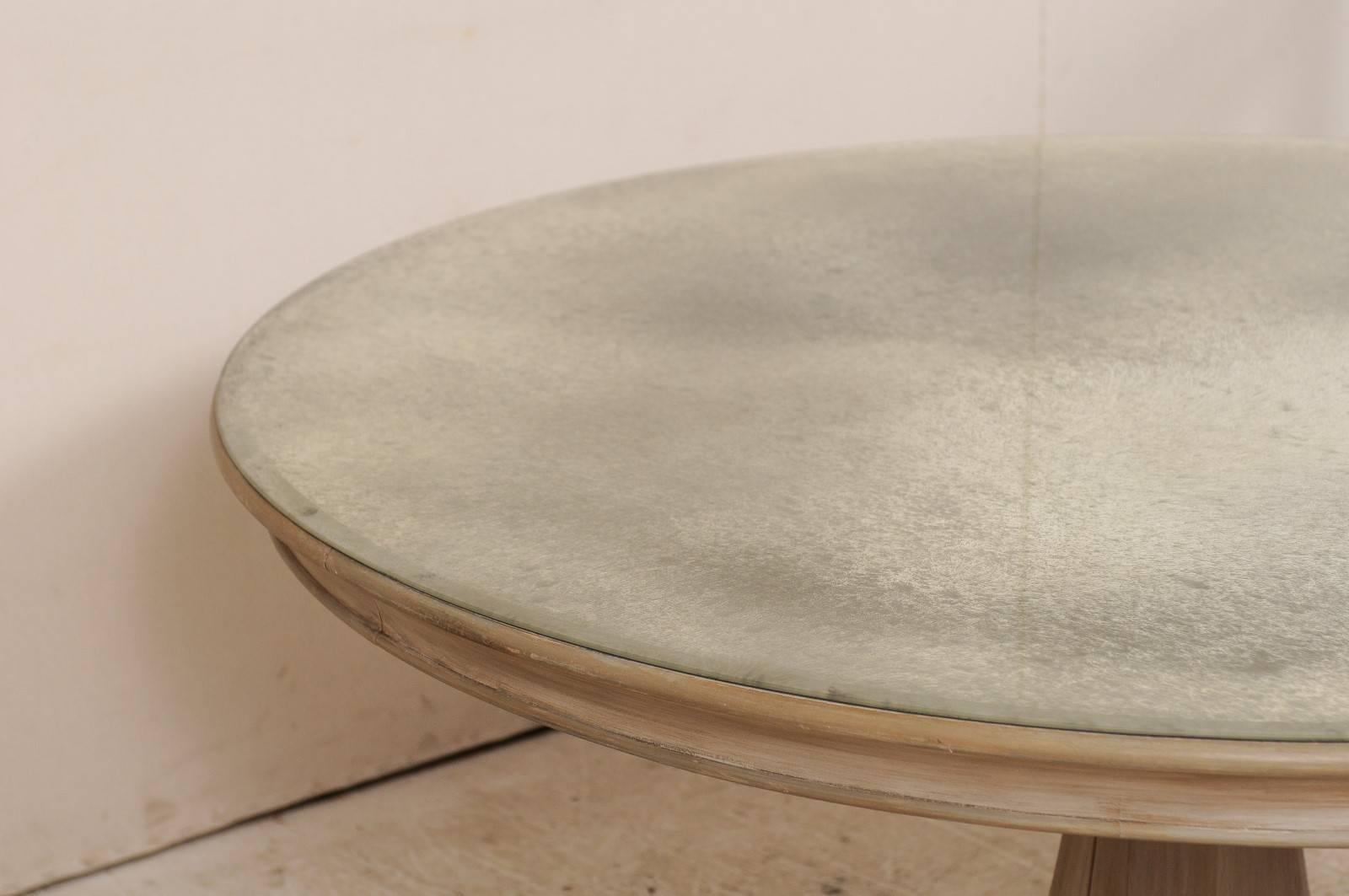 Vintage Large Round Pedestal Table with Unique Antiqued Mirrored Top In Good Condition In Atlanta, GA