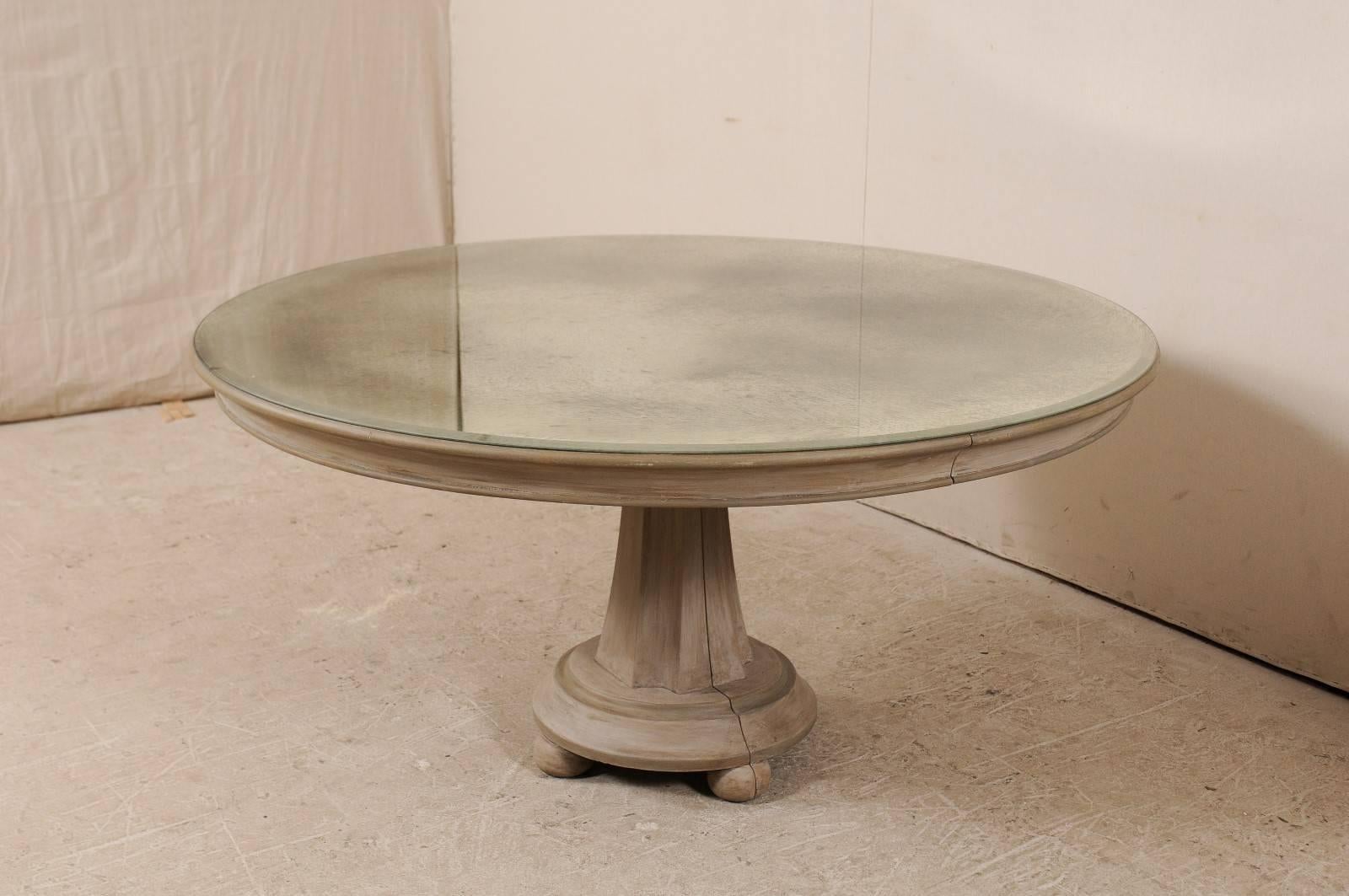20th Century Vintage Large Round Pedestal Table with Unique Antiqued Mirrored Top
