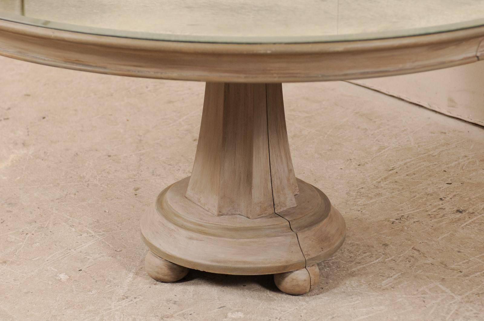 Glass Vintage Large Round Pedestal Table with Unique Antiqued Mirrored Top