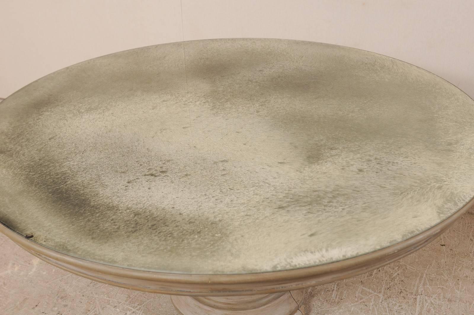 Vintage Large Round Pedestal Table with Unique Antiqued Mirrored Top 2