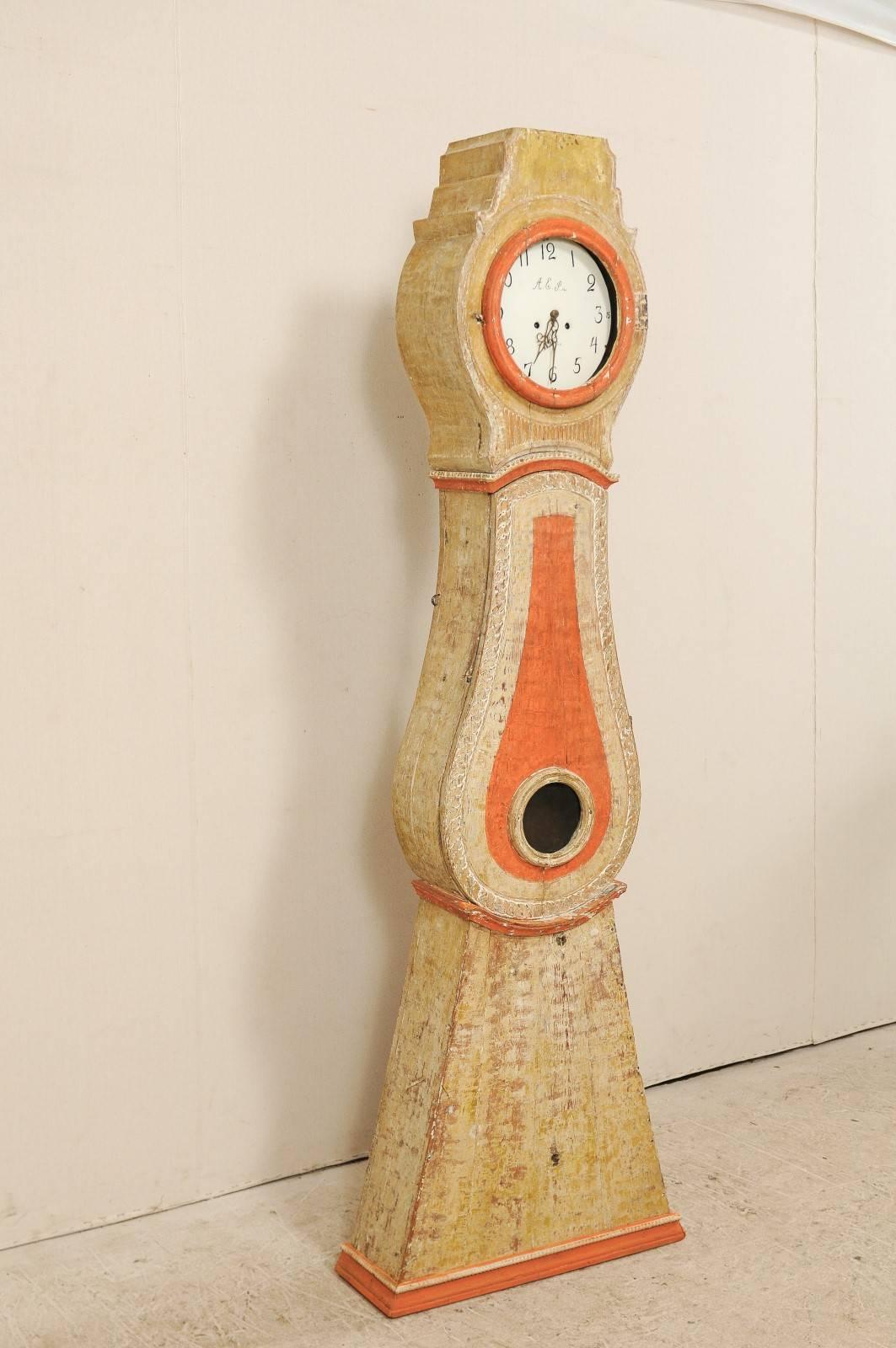Carved 19th Century Painted Wood Swedish Clock with Warm Tangerine Accents
