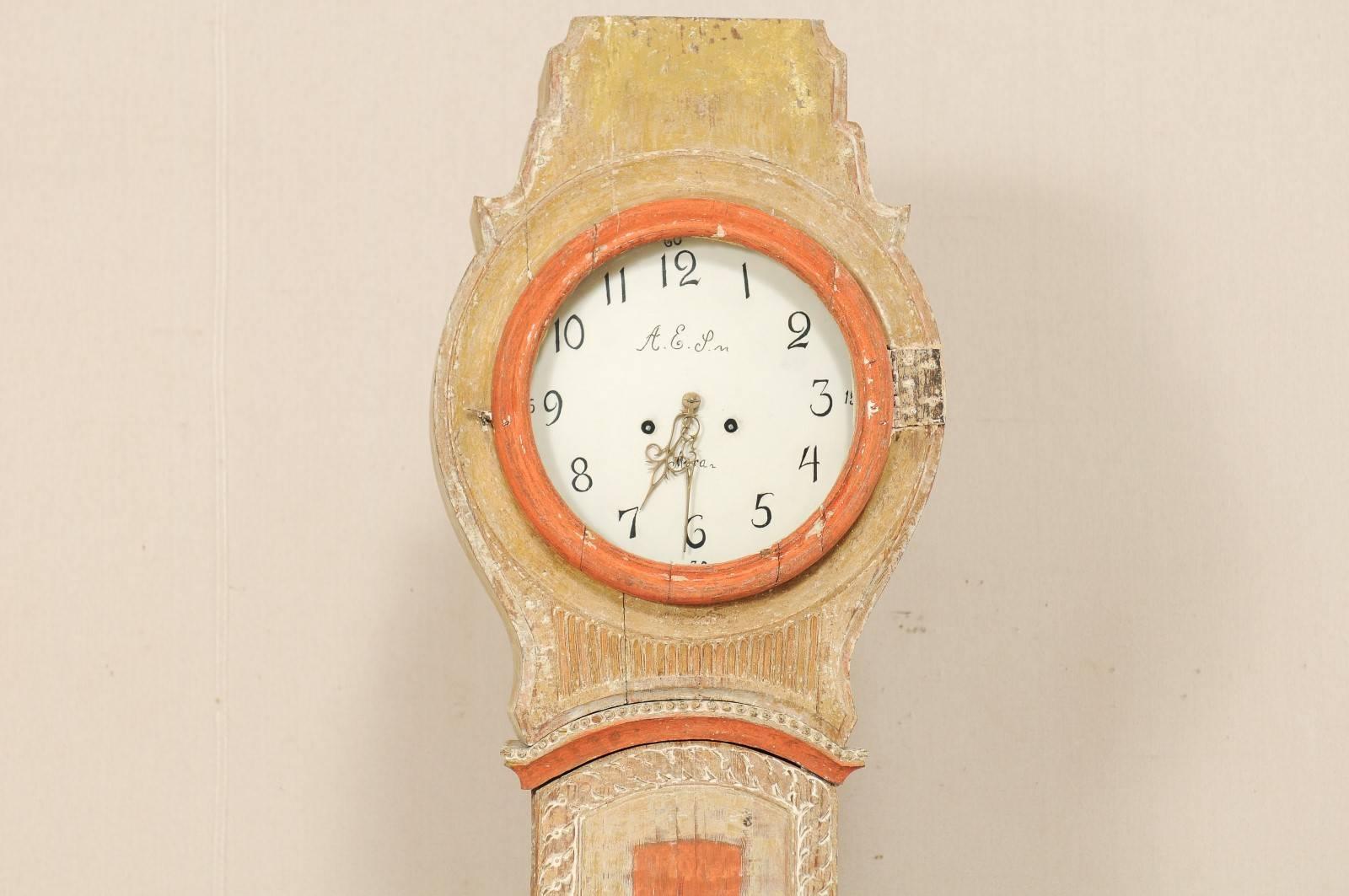 19th Century Painted Wood Swedish Clock with Warm Tangerine Accents 2