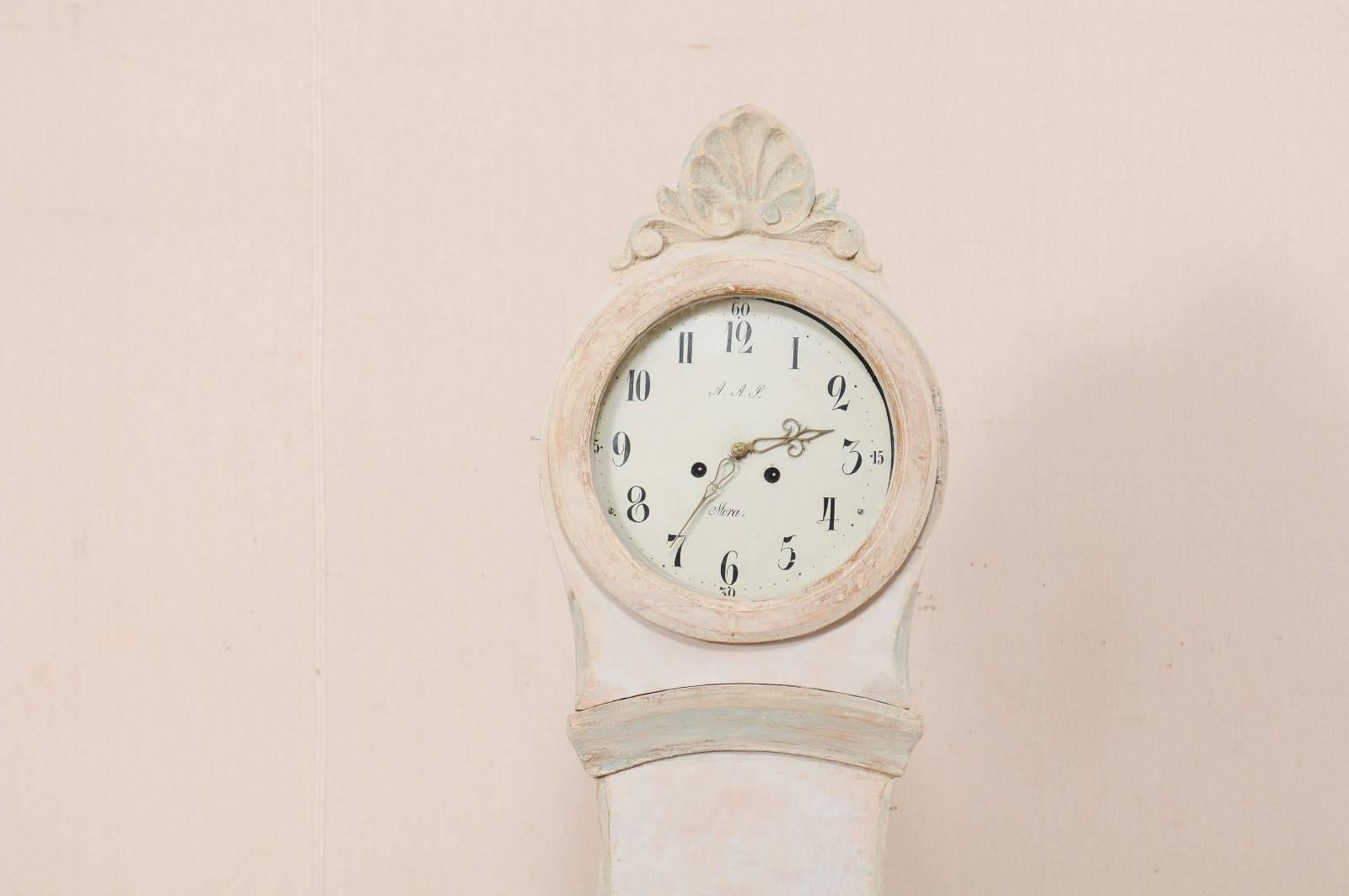 Wood 19th Century Swedish Mora Floor Clock with Nicely Carved Crest and Neutral Tones