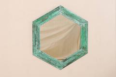 Mid-Century / Vintage Hexagon Shaped Mirror with Great Patina and Green Color