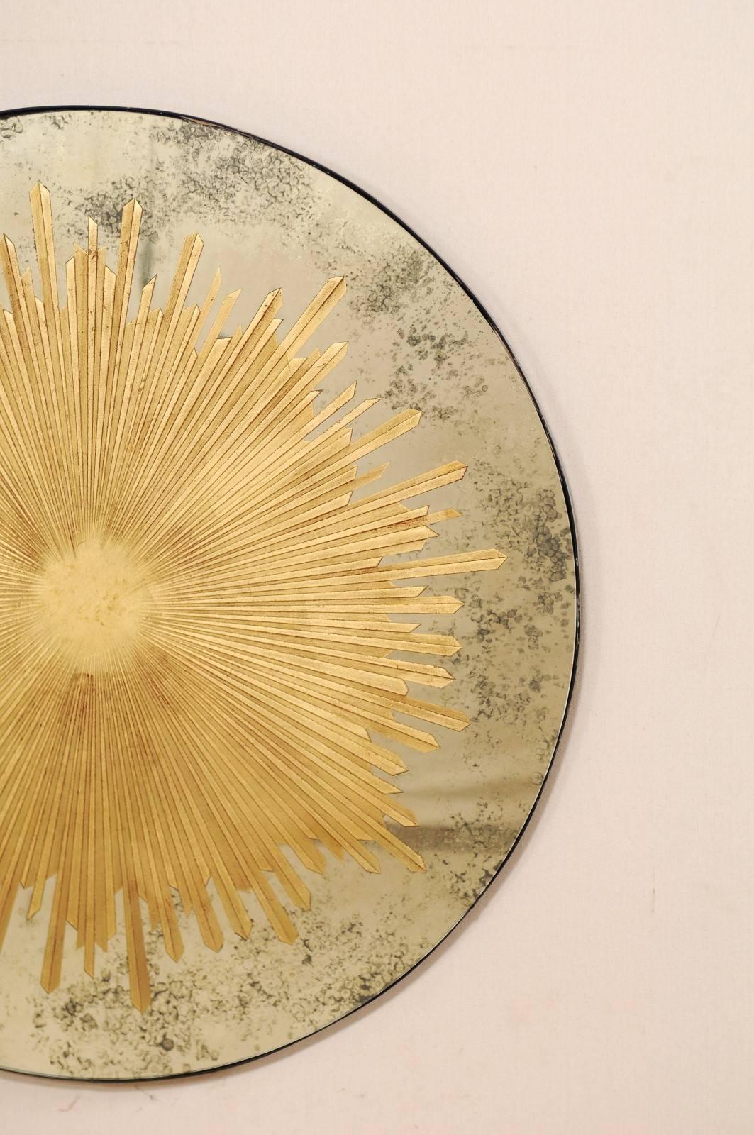 Contemporary Grand Mirrored Golden Églomisé Sunburst Round Wall Decoration with Antiquing