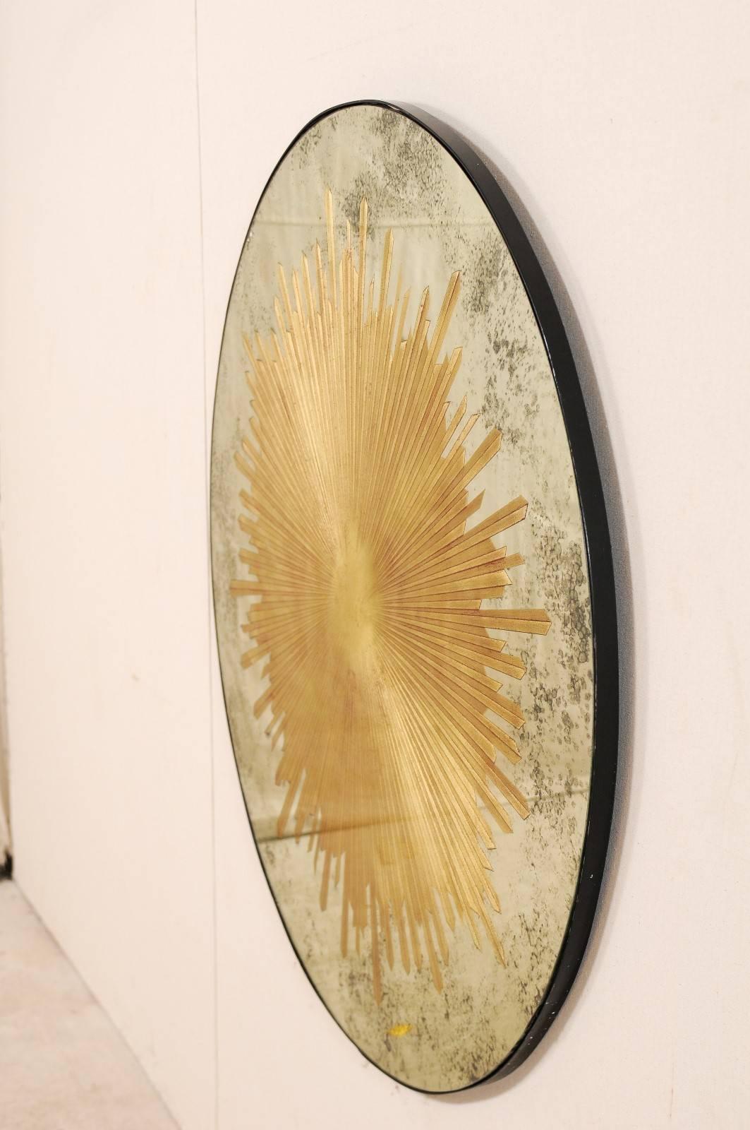 Grand Mirrored Golden Églomisé Sunburst Round Wall Decoration with Antiquing 1