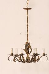 French Mid-Century Modern Six-Light Iron Chandelier in Leaf Motif w/Gold Finish
