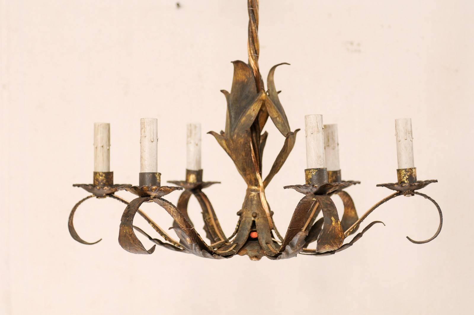 French Mid-Century Modern Six-Light Iron Chandelier in Leaf Motif w/Gold Finish  In Good Condition For Sale In Atlanta, GA
