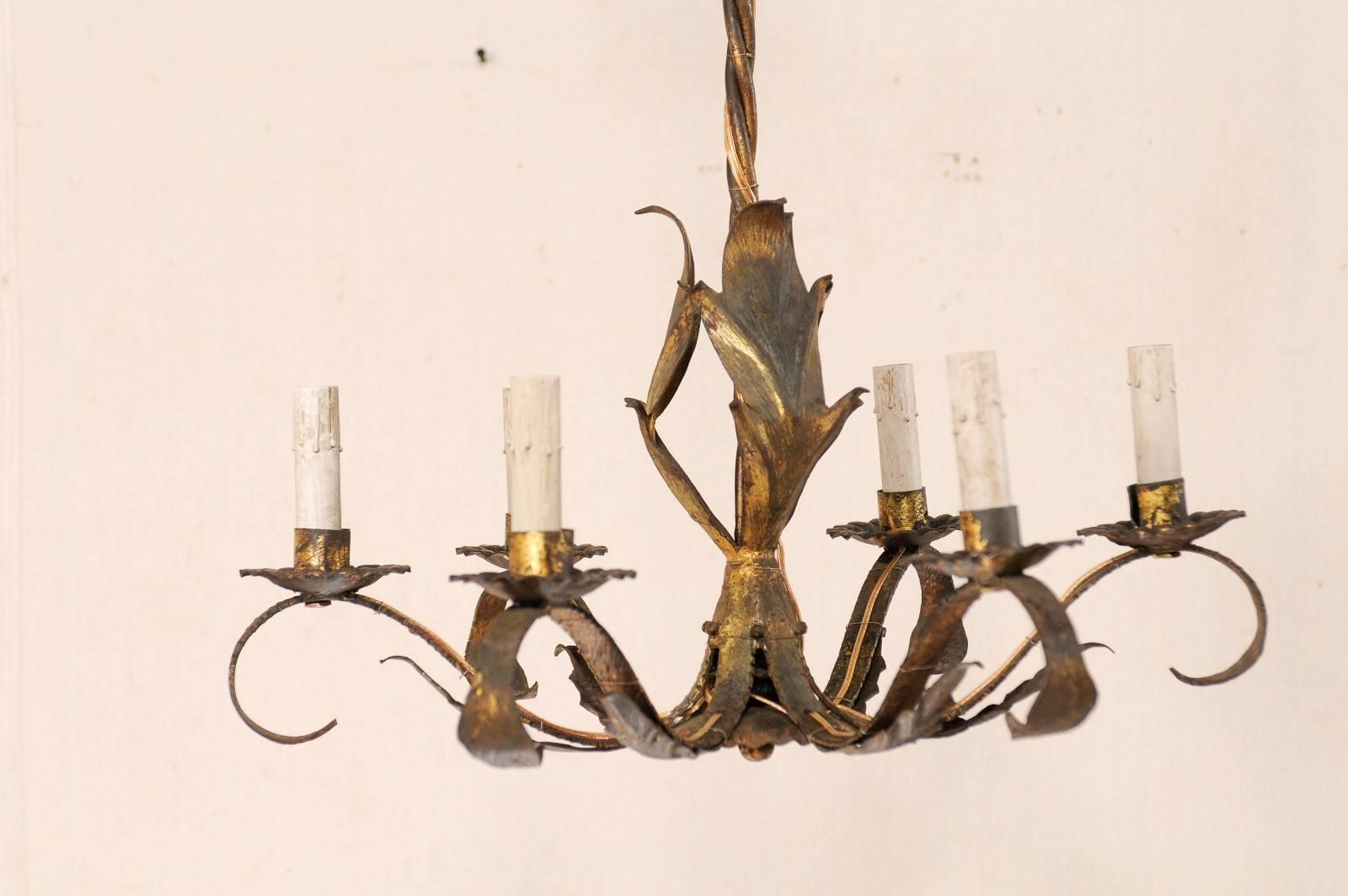 20th Century French Mid-Century Modern Six-Light Iron Chandelier in Leaf Motif w/Gold Finish For Sale