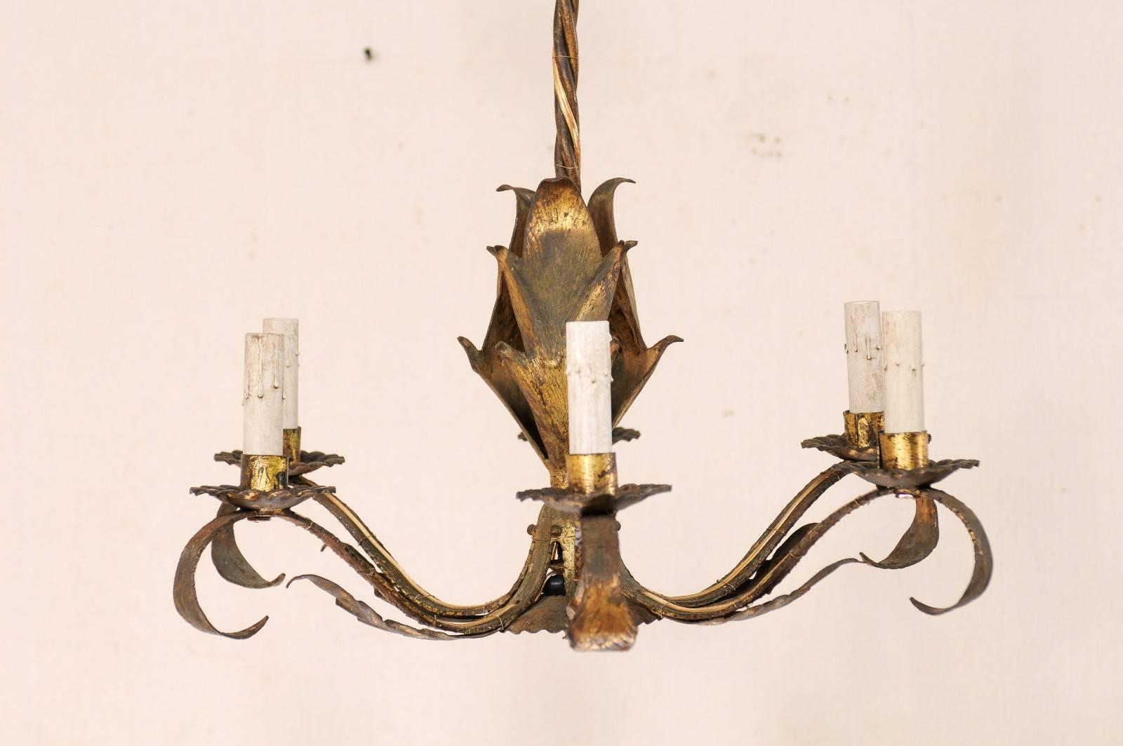 French Mid-Century Modern Six-Light Iron Chandelier in Leaf Motif w/Gold Finish  For Sale 1