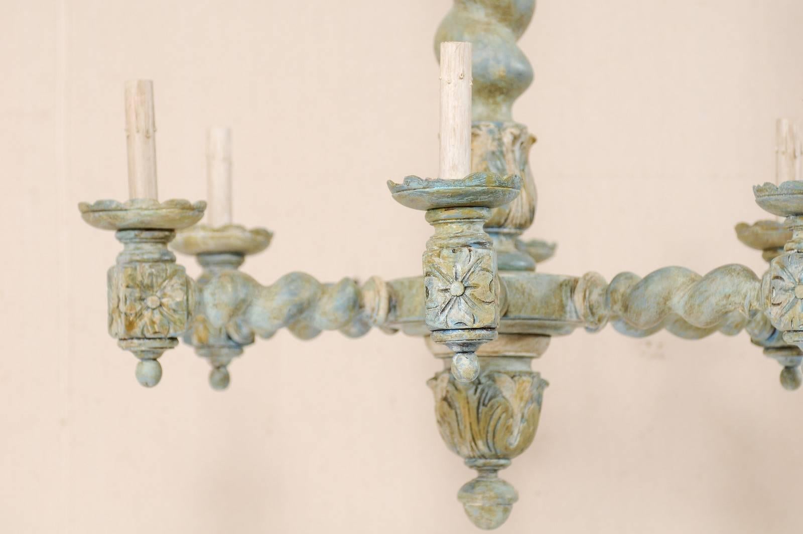 20th Century French Six-Light Barley Twist Wood Chandelier in Painted Tones of Blue and Cream