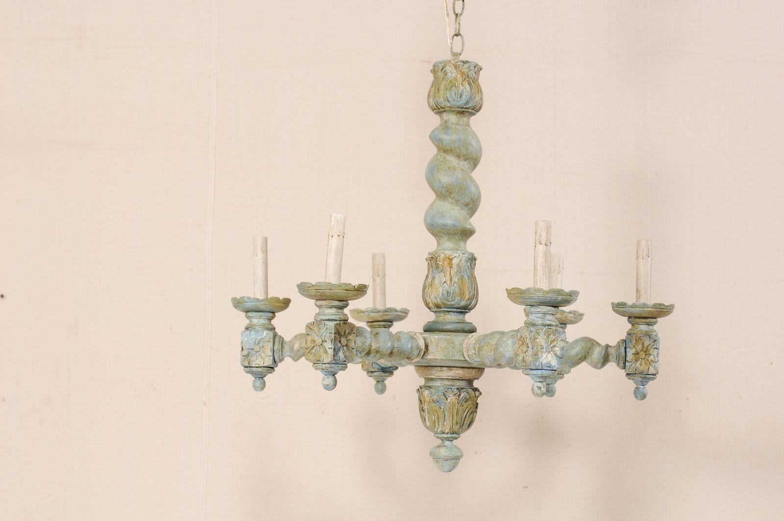 Carved French Six-Light Barley Twist Wood Chandelier in Painted Tones of Blue and Cream