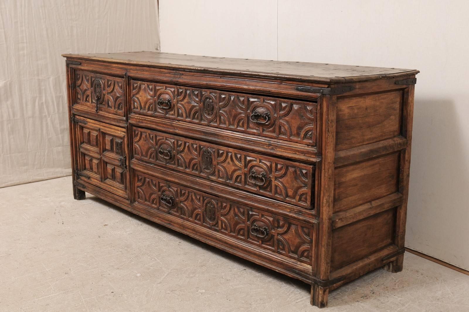 18th Century and Earlier Exquisite 18th Century Spanish Sacristy Chest with Carved Wood Detailed Pattern