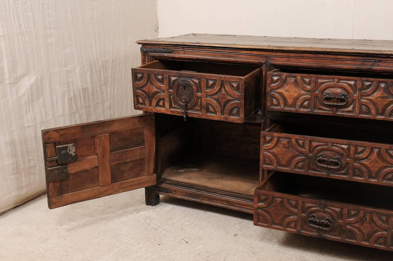 Metal Exquisite 18th Century Spanish Sacristy Chest with Carved Wood Detailed Pattern