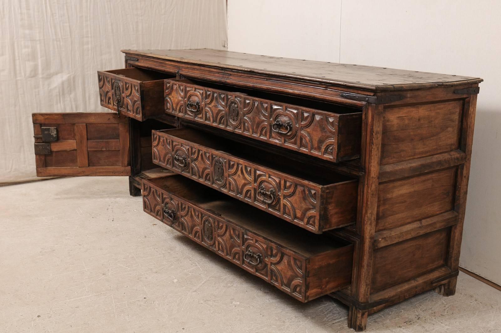 Exquisite 18th Century Spanish Sacristy Chest with Carved Wood Detailed Pattern 1