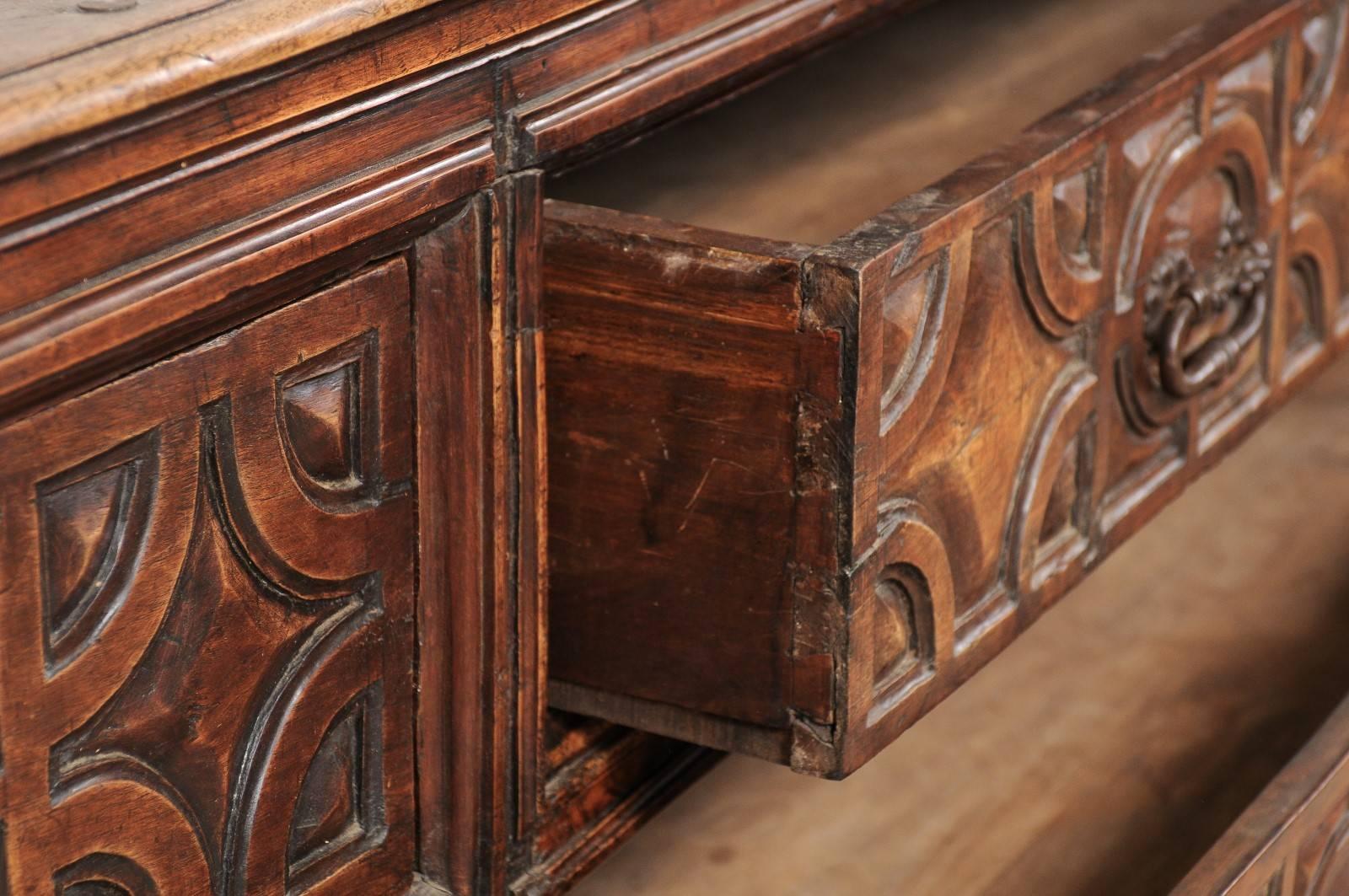 Exquisite 18th Century Spanish Sacristy Chest with Carved Wood Detailed Pattern 2