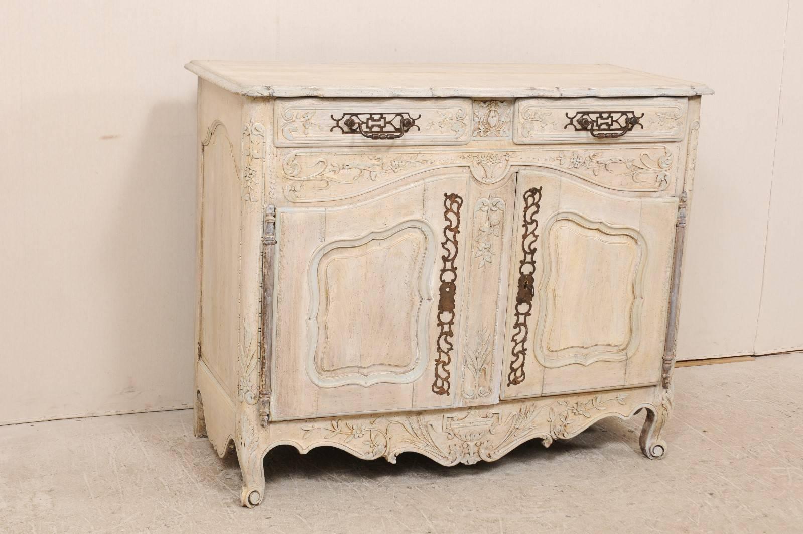 French 19th C. Carved and Painted 2-Door Buffet, Adorn with Beautiful Hardware For Sale 1