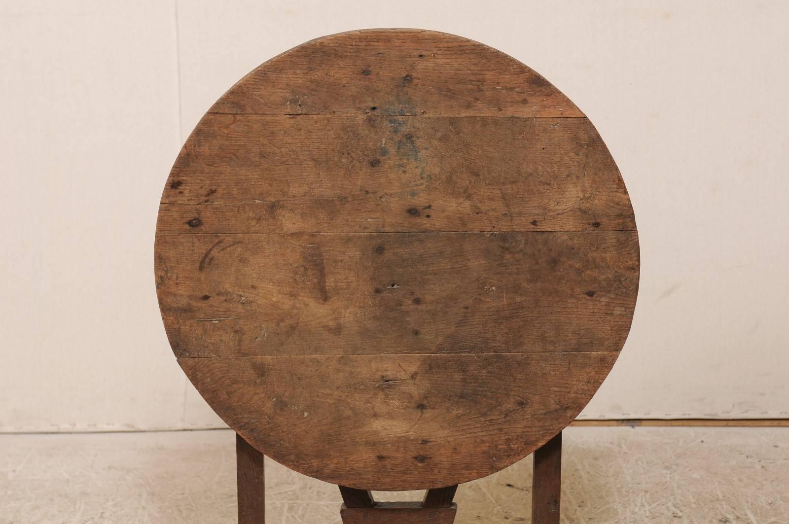 Carved French 20th Century Petite Rustic Wood Round Wine Tasting Table with Patina