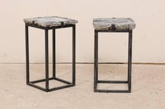Pair of Antique European Stone Paver Drink Tables on Sleek Custom Metal Bases
