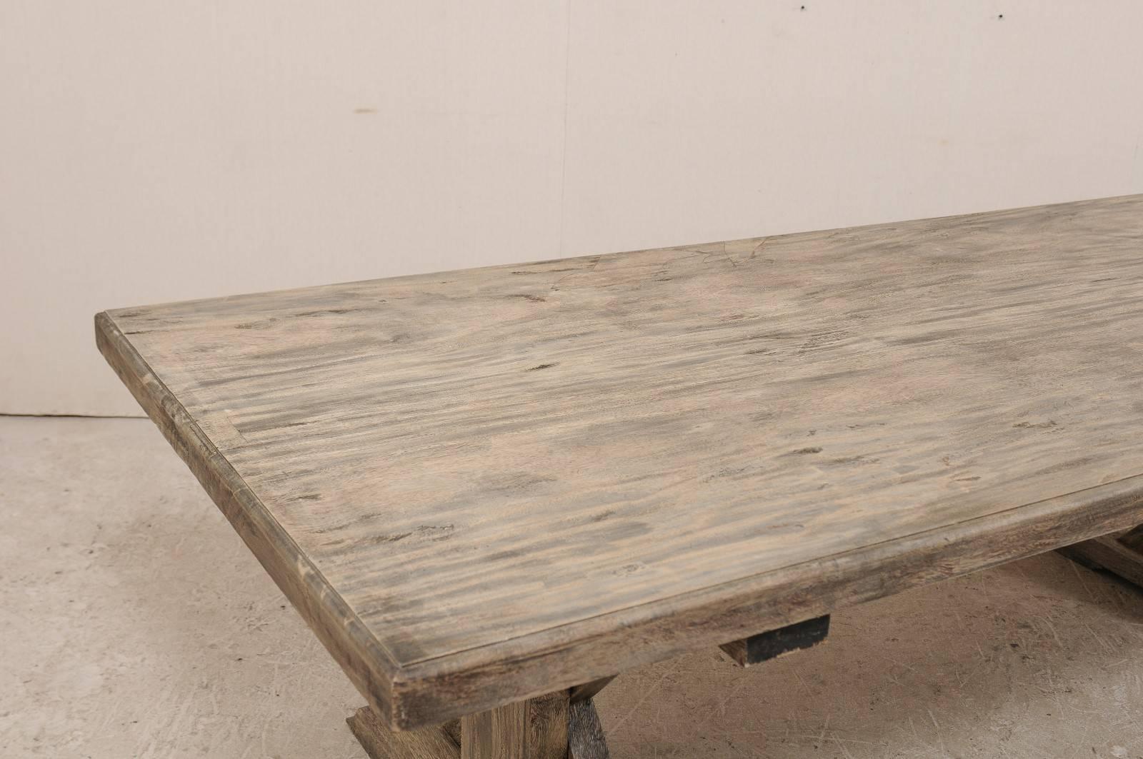 Rustic Unique Long X-Frame Dining Table of Bleached Teak Wood with Rich Charcoal Finish