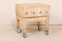 Swedish Vintage Butcher Block Bleached Wood Table with Squared Shape on Wheels