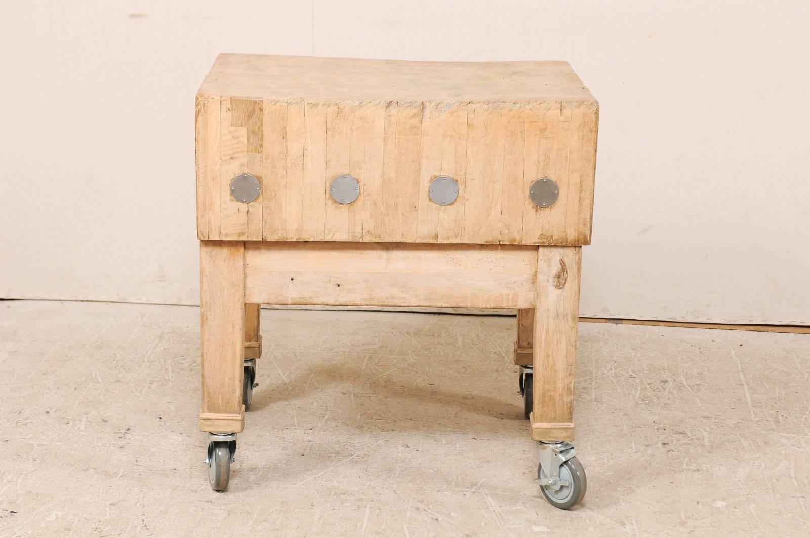 20th Century Swedish Vintage Butcher Block Bleached Wood Table with Squared Shape on Wheels