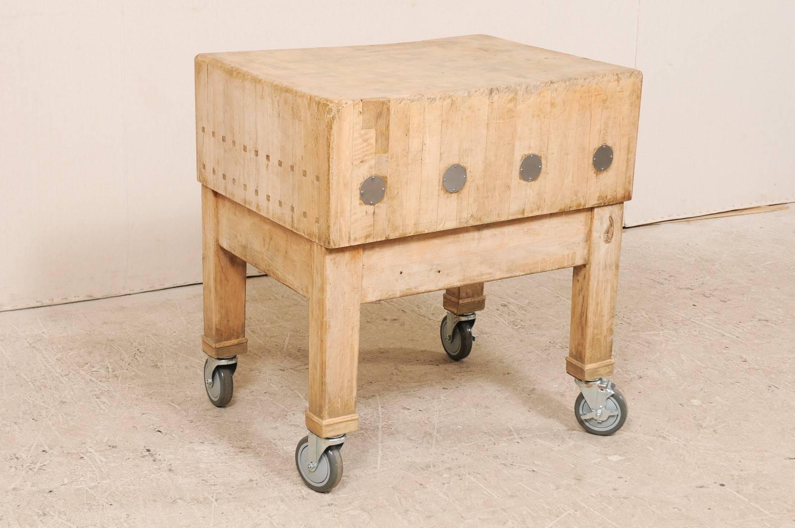Metal Swedish Vintage Butcher Block Bleached Wood Table with Squared Shape on Wheels