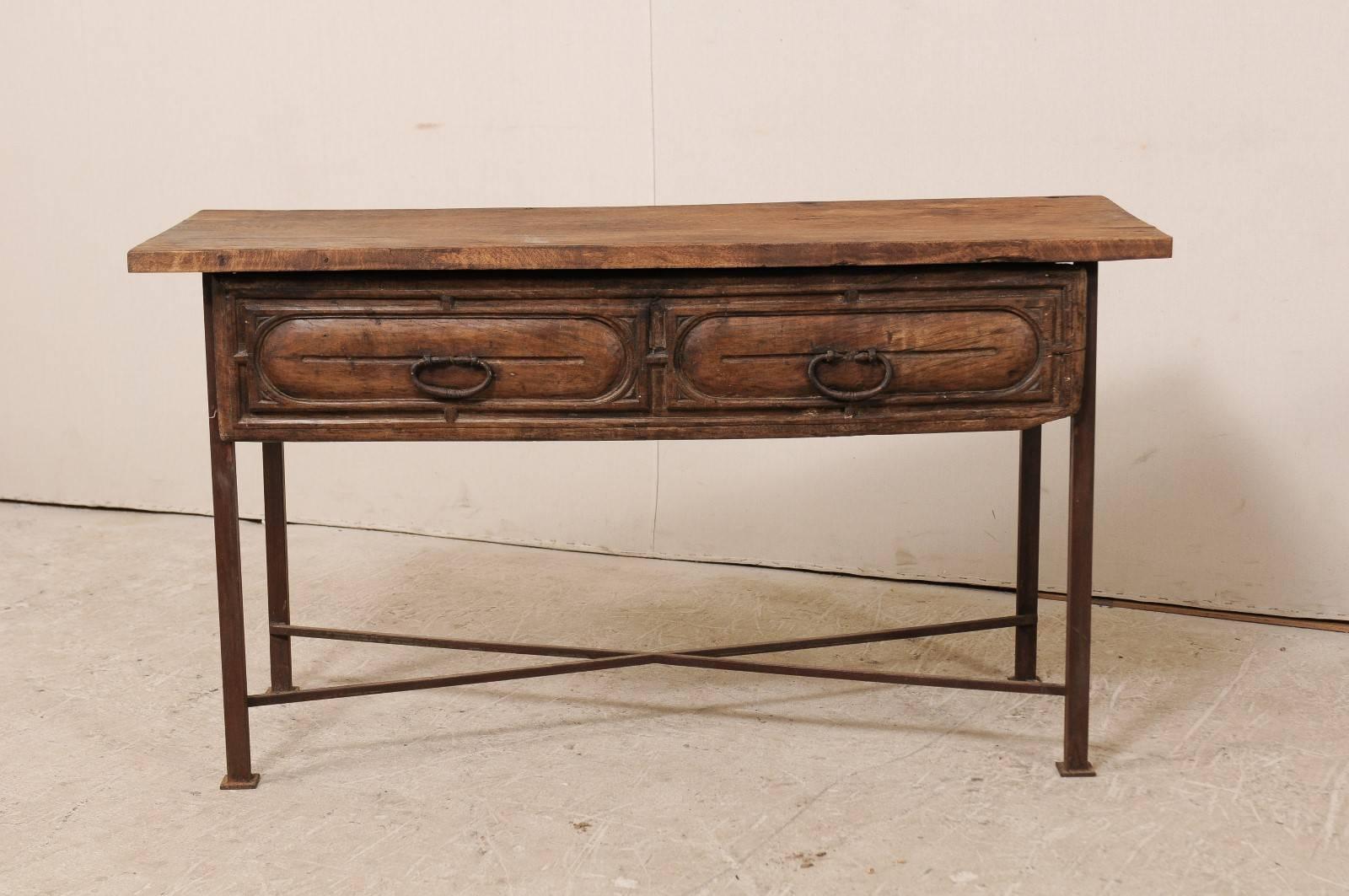 Carved 18th Century Spanish Rustic Wood and Iron Console Table with Spacious Drawer