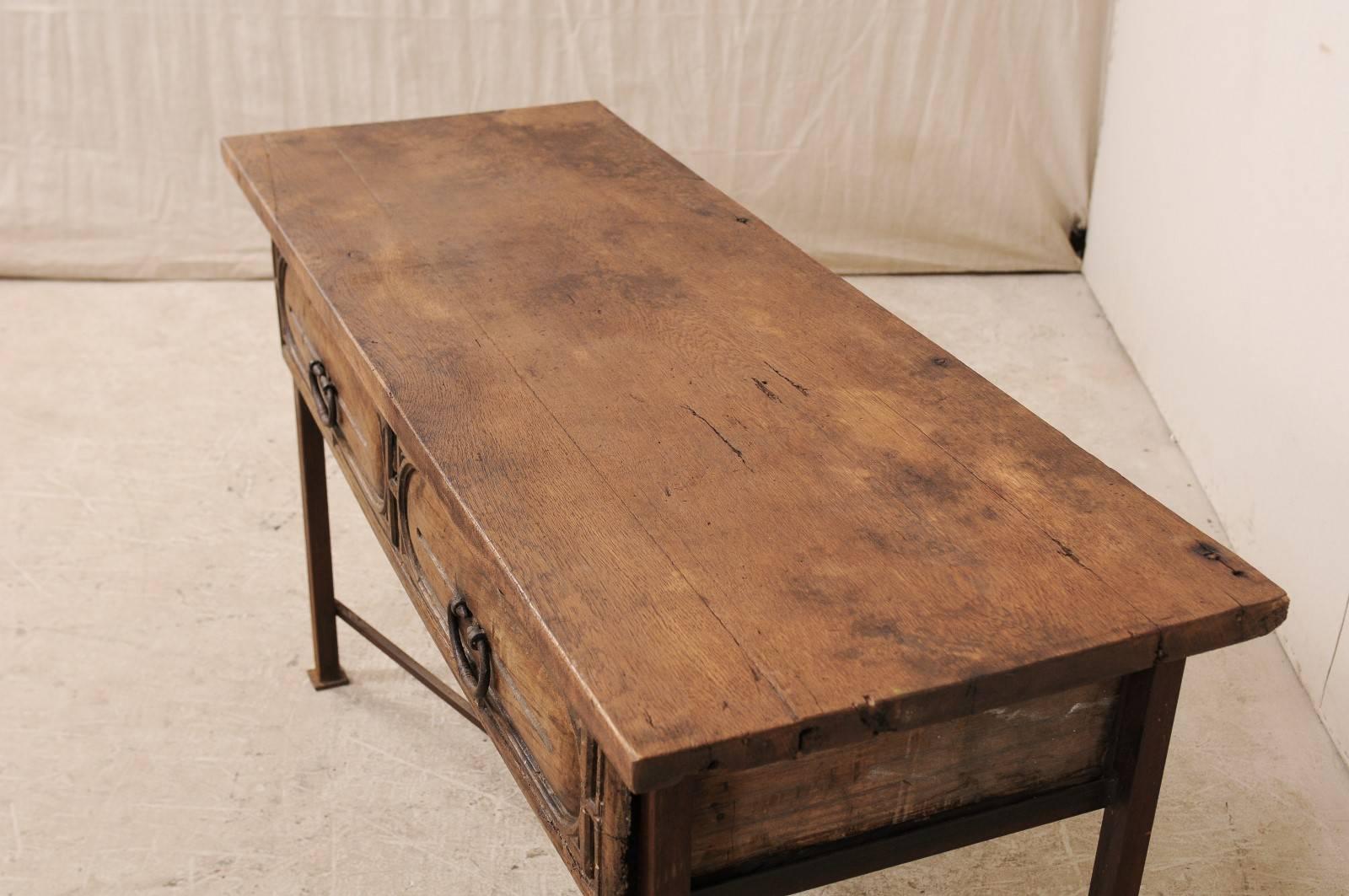 Metal 18th Century Spanish Rustic Wood and Iron Console Table with Spacious Drawer