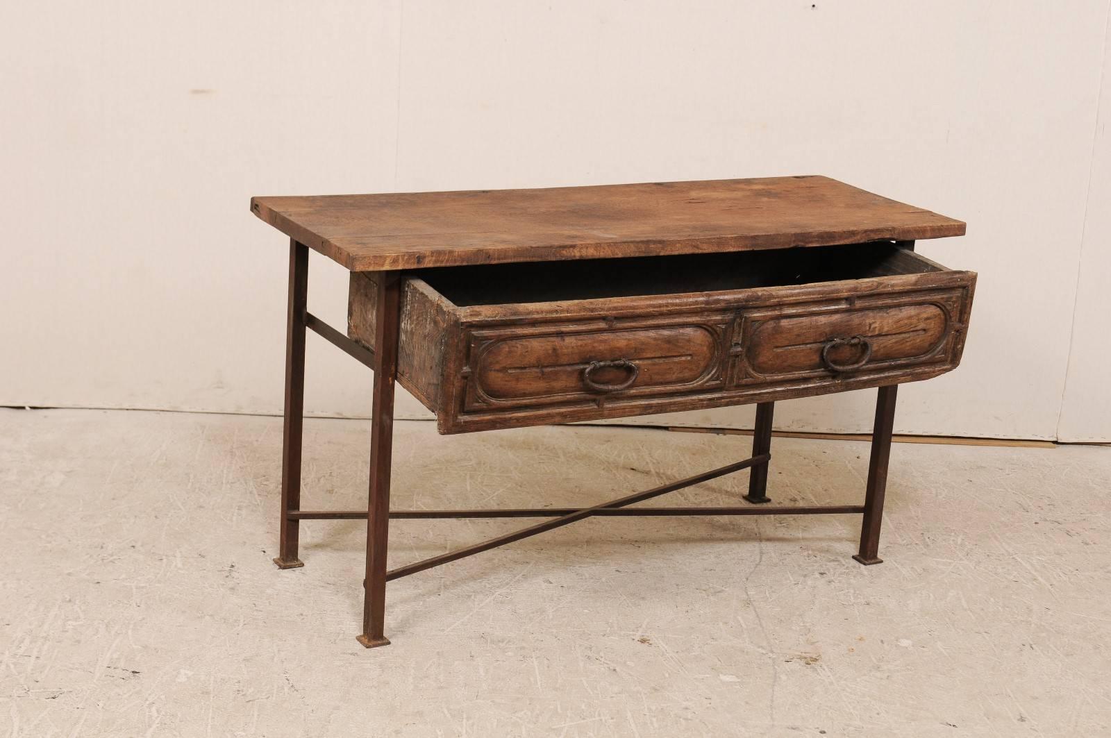 18th Century and Earlier 18th Century Spanish Rustic Wood and Iron Console Table with Spacious Drawer