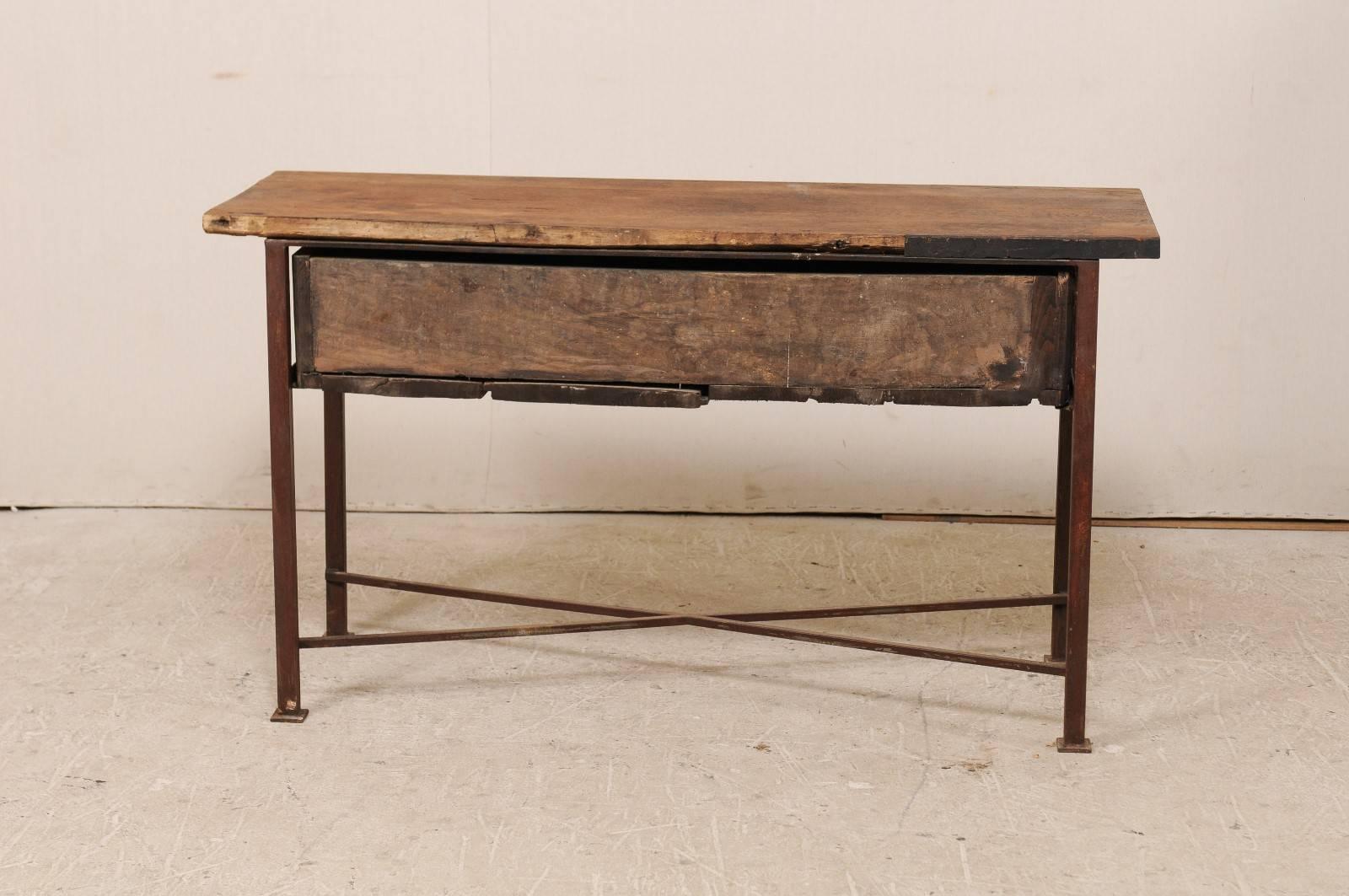 18th Century Spanish Rustic Wood and Iron Console Table with Spacious Drawer 4