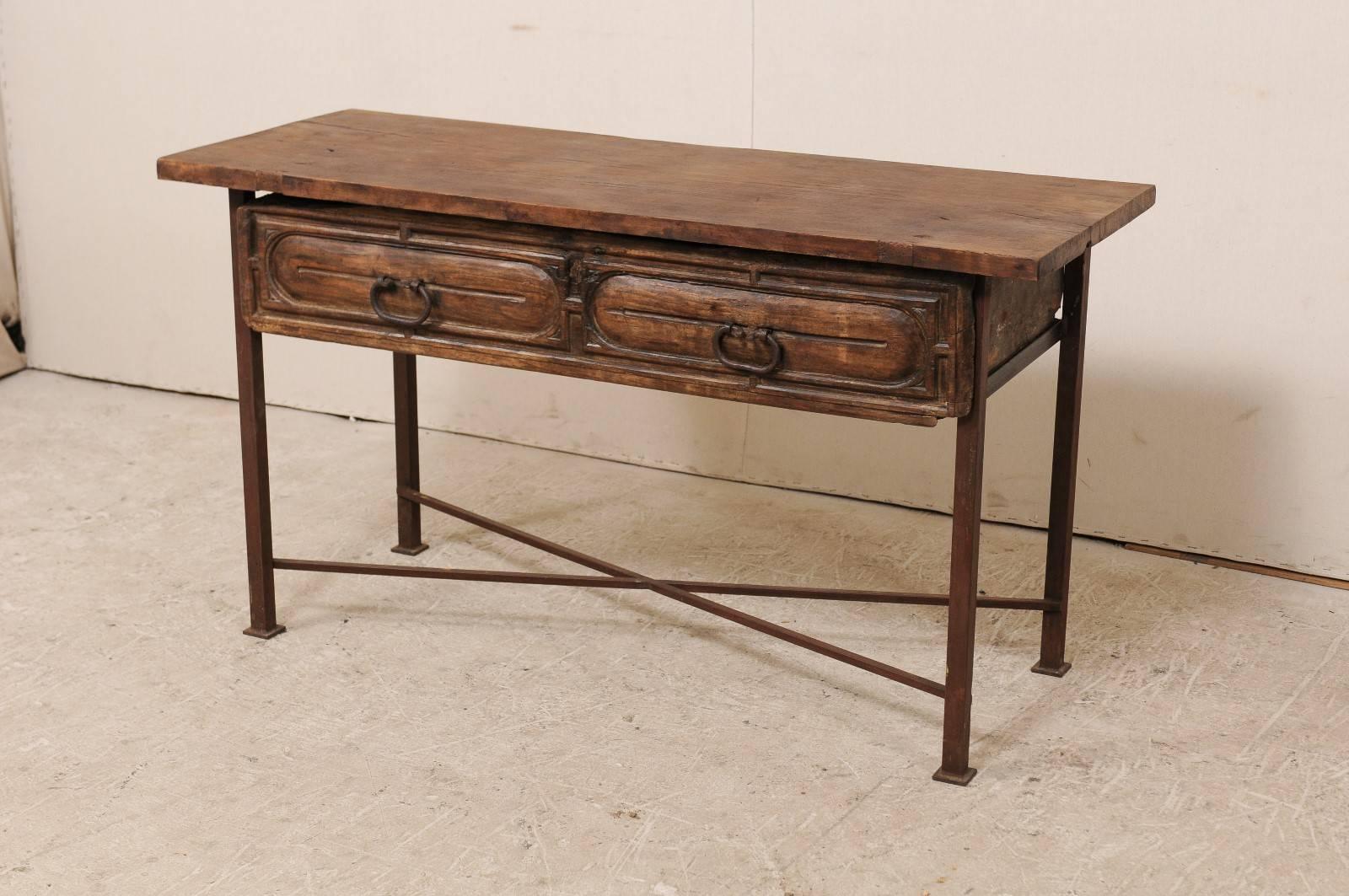 Spanish, 18th Century Console Table with Carved Wood Drawer and X-Stretcher In Good Condition In Atlanta, GA