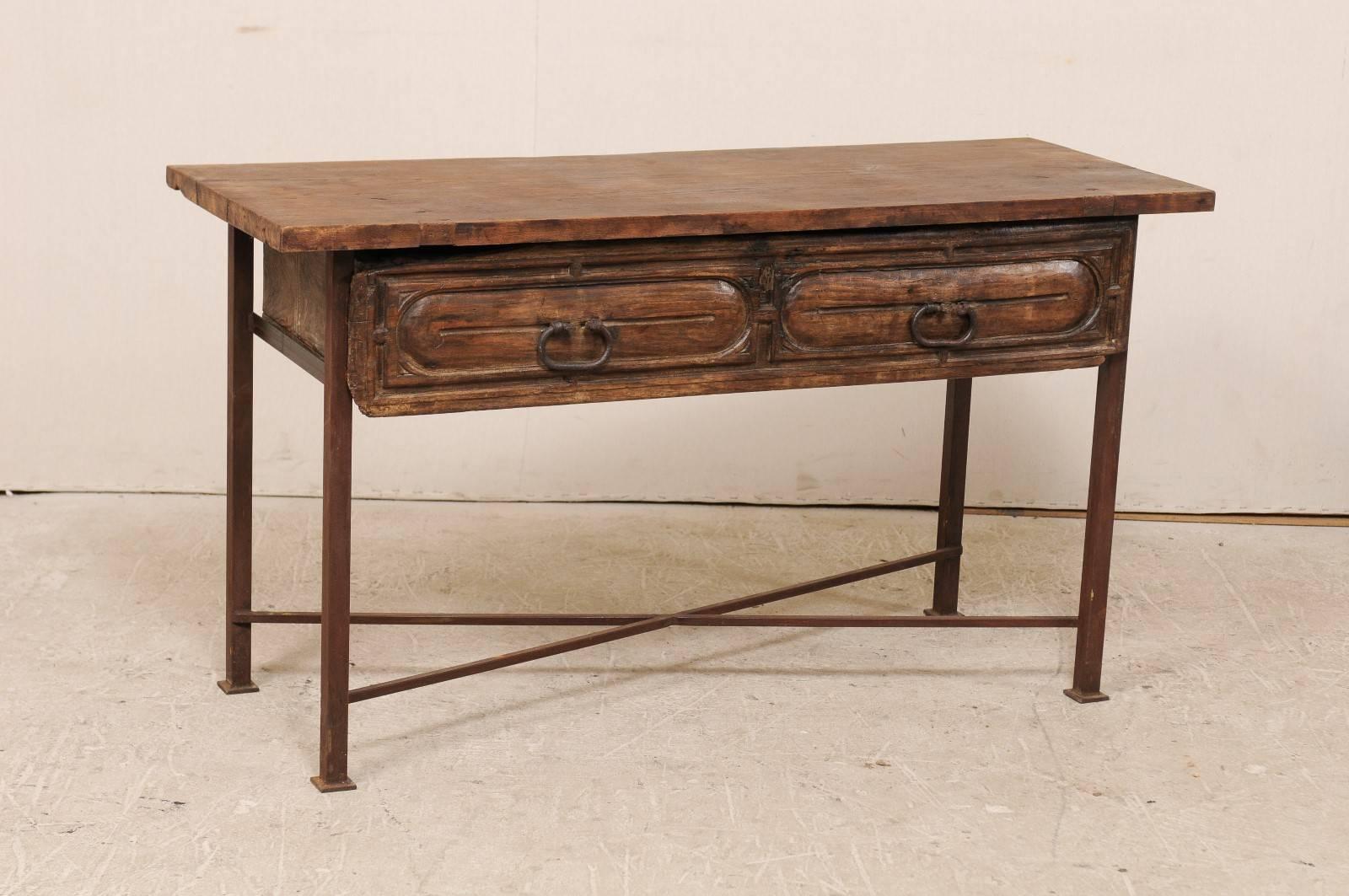 Rustic Spanish, 18th Century Console Table with Carved Wood Drawer and X-Stretcher