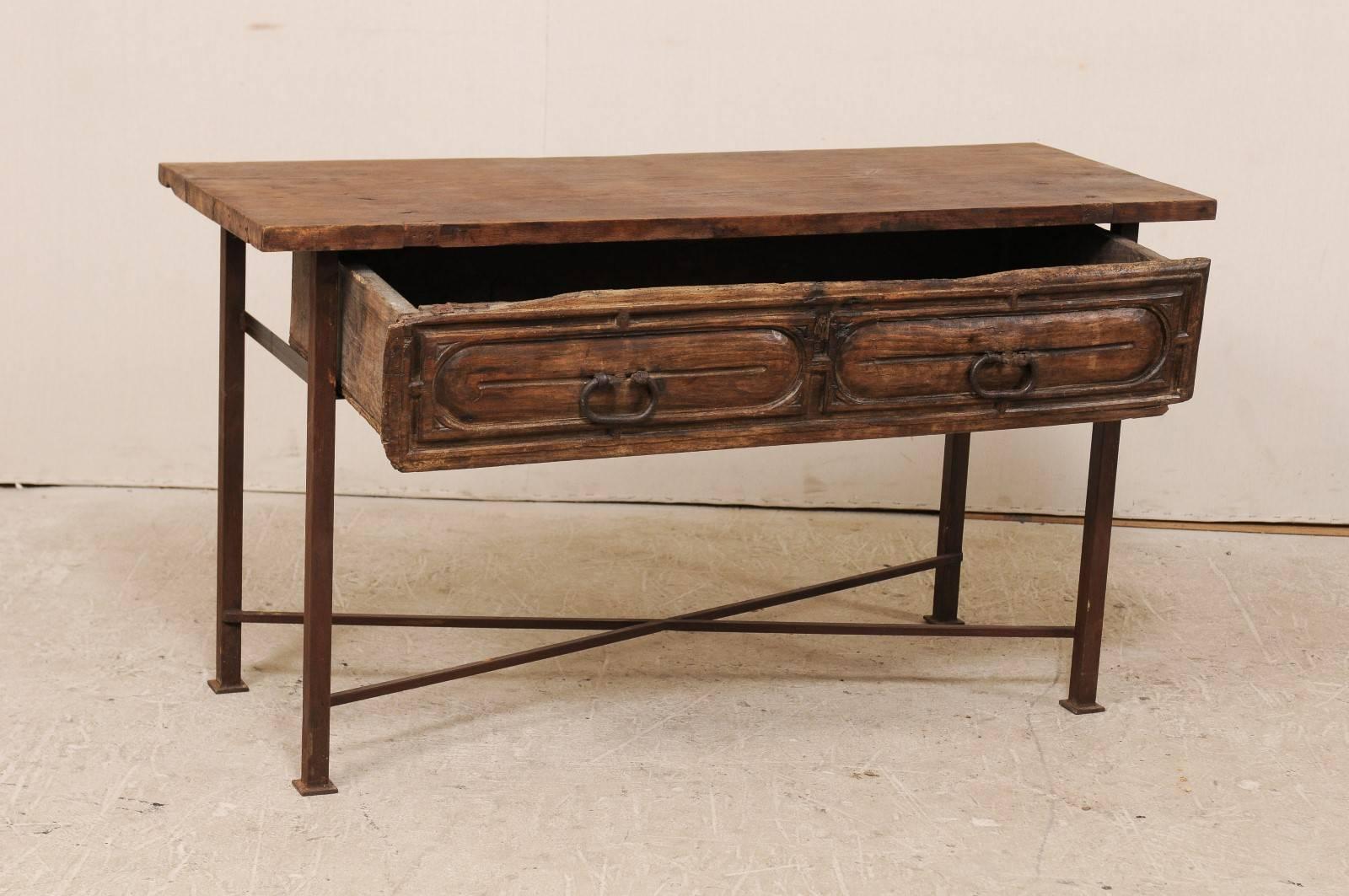 Spanish, 18th Century Console Table with Carved Wood Drawer and X-Stretcher 1