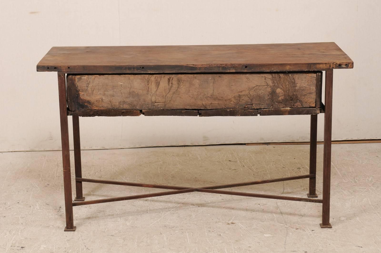 Spanish, 18th Century Console Table with Carved Wood Drawer and X-Stretcher 4