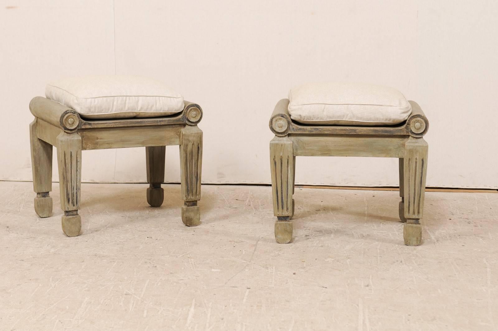 Pair of Carved and Painted Brazilian Wood Stools with Fluted and Tapered Legs In Good Condition In Atlanta, GA