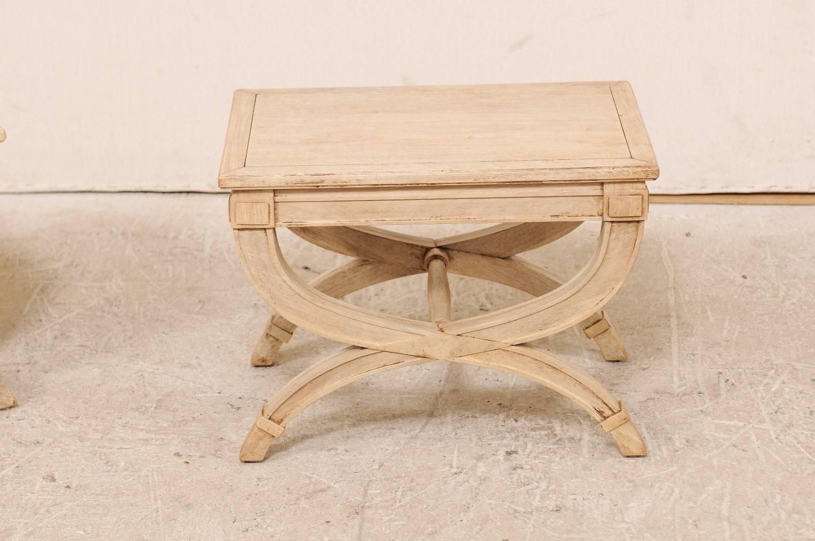 Carved Pair of Dante Style Vintage American Wood Stools with Half Moon Legs