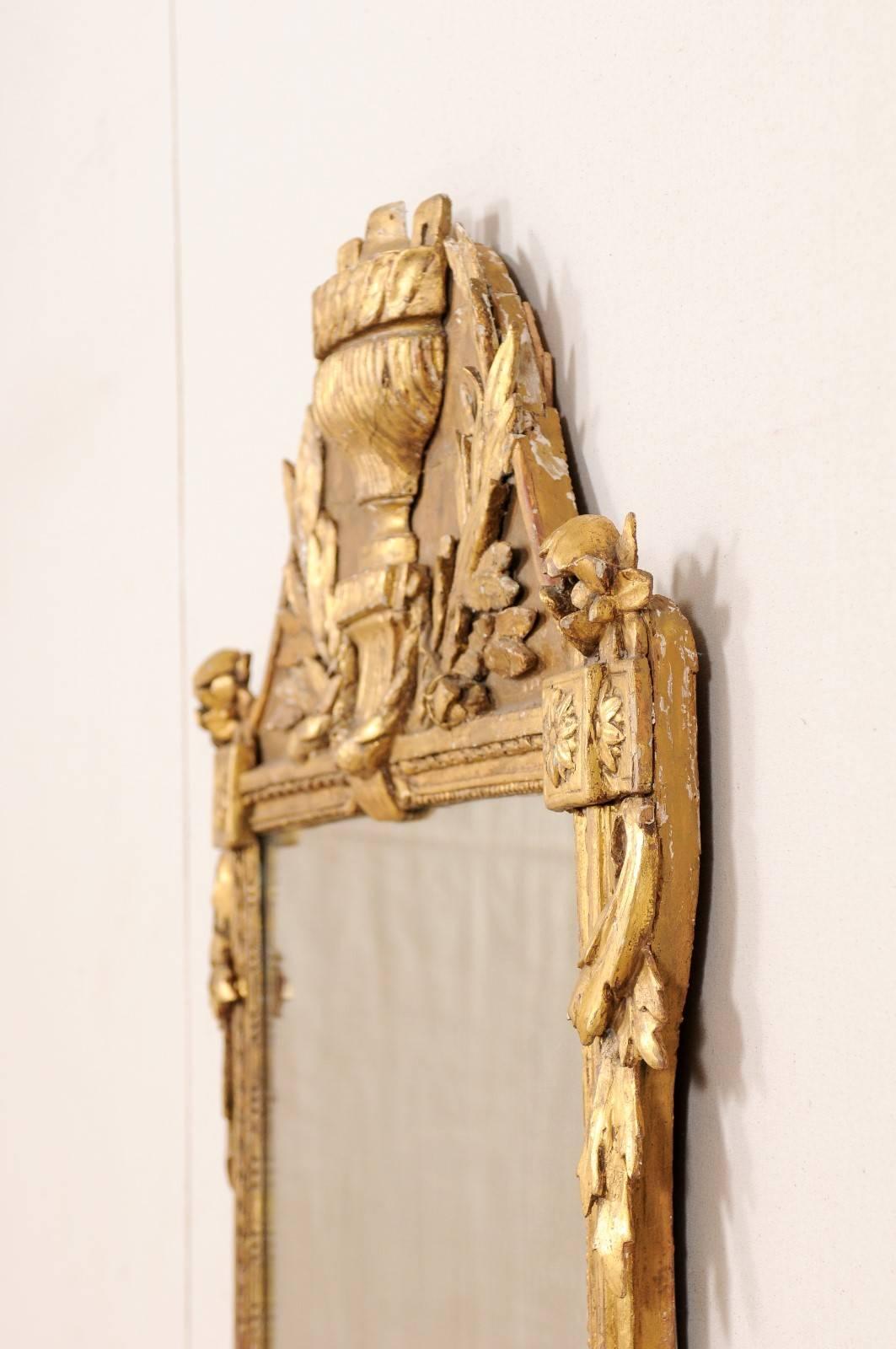 18th Century French Richly Carved Gilded Wood Tall Mirror with Urn Motif Crest 2