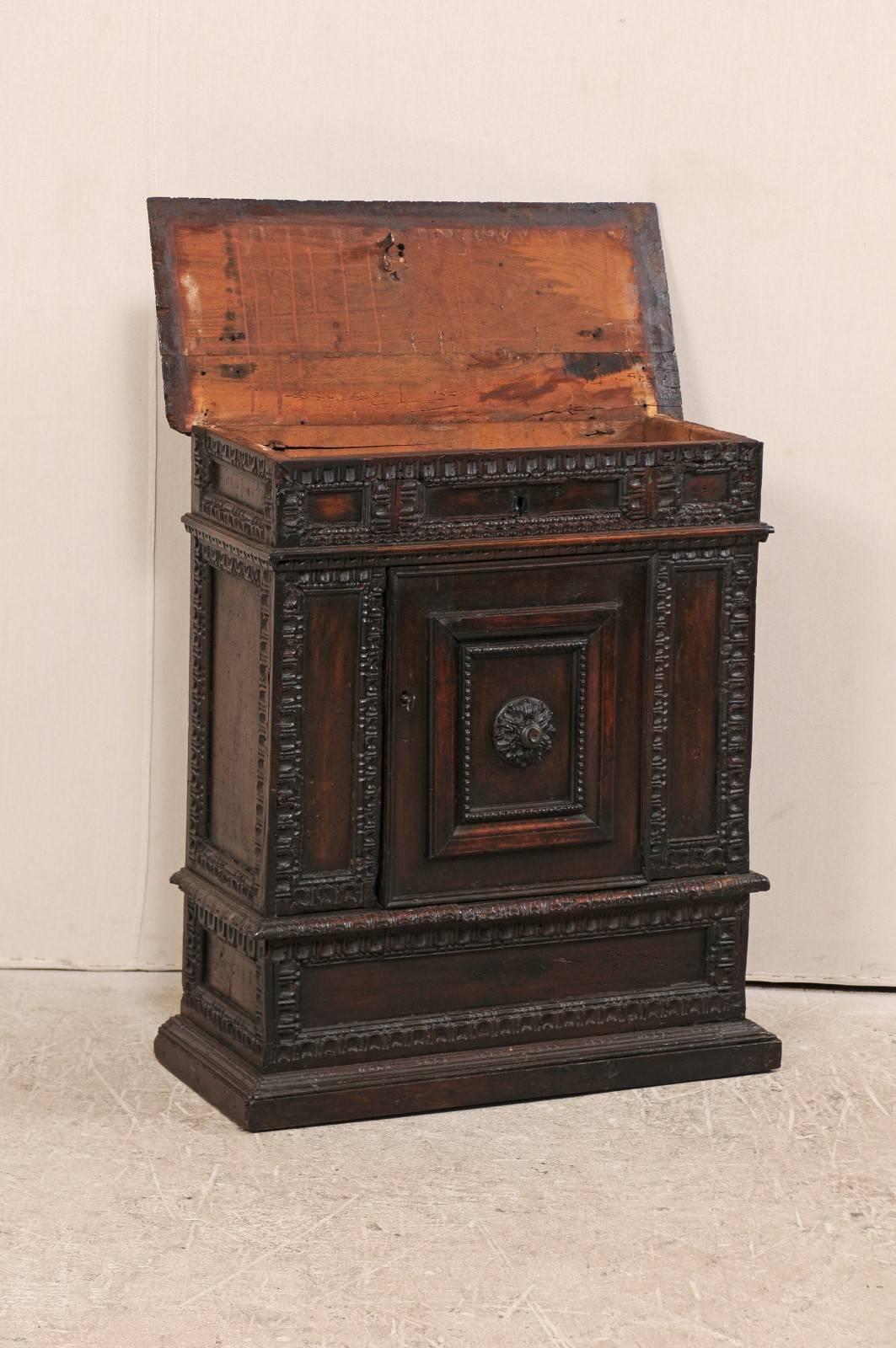 18th Century and Earlier Early 18th Century Italian Smaller-Sized Cabinet, Richly Carved, w/Top Lift Door For Sale
