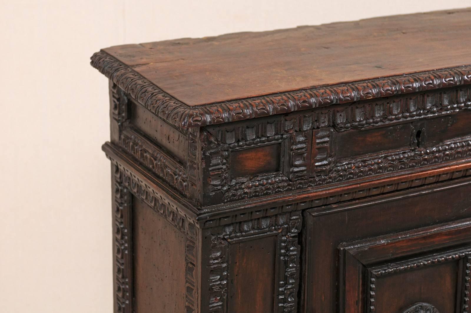 Early 18th Century Italian Smaller-Sized Cabinet, Richly Carved, w/Top Lift Door For Sale 1