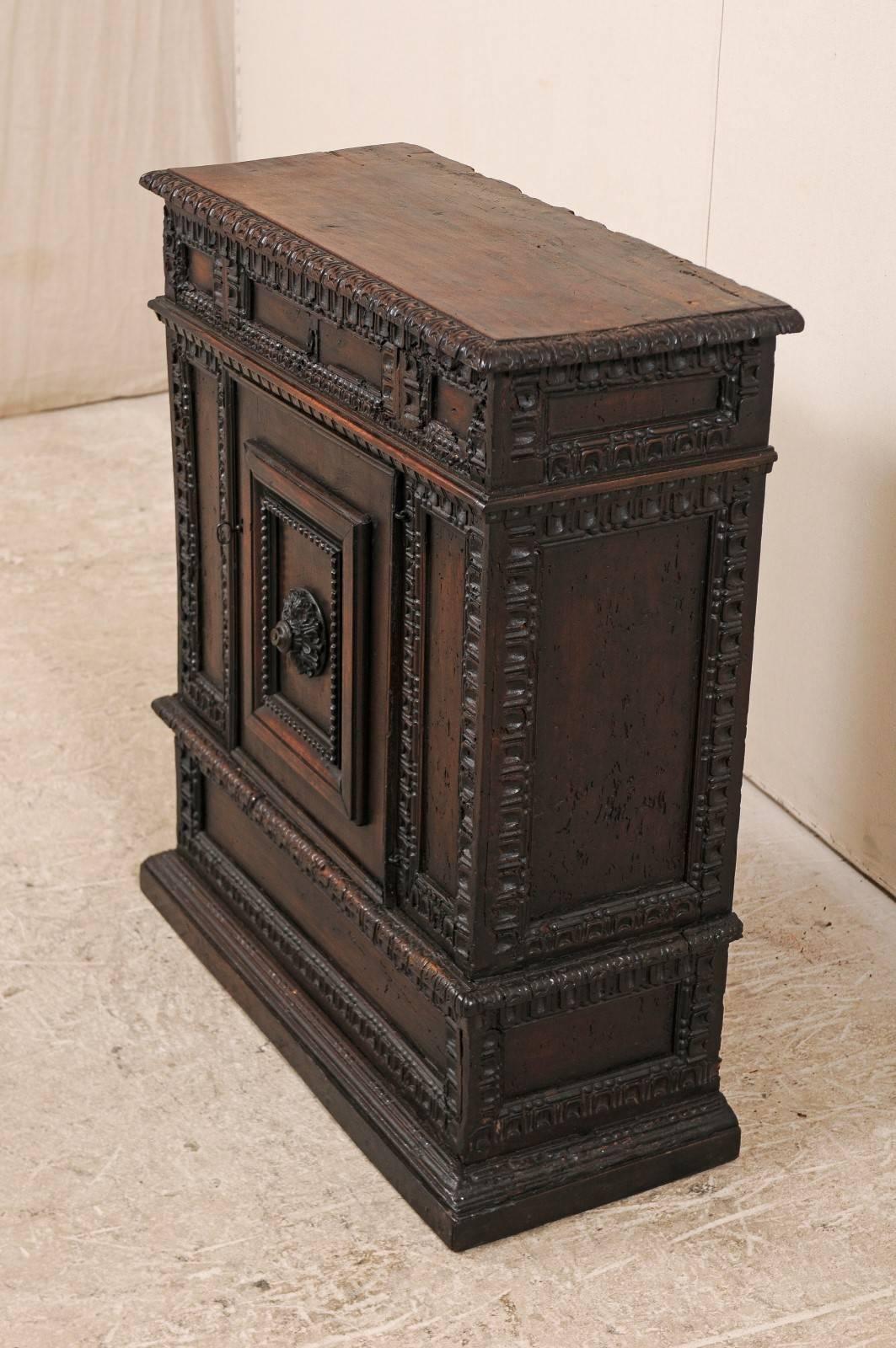 Early 18th Century Italian Smaller-Sized Cabinet, Richly Carved, w/Top Lift Door For Sale 2