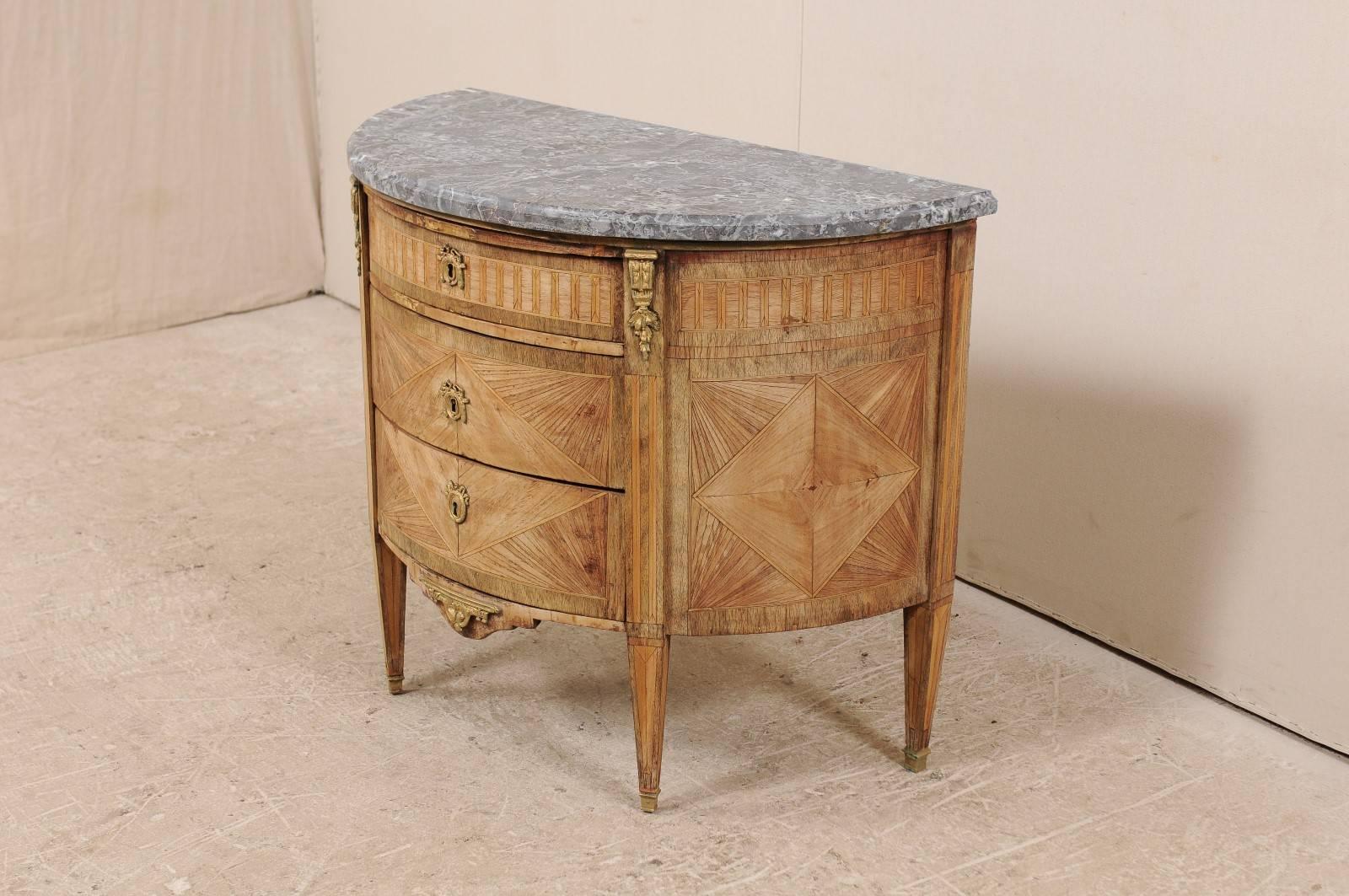 French 19th Century, Demilune Chest with Honed Marble and Marquetry Wood Details 1