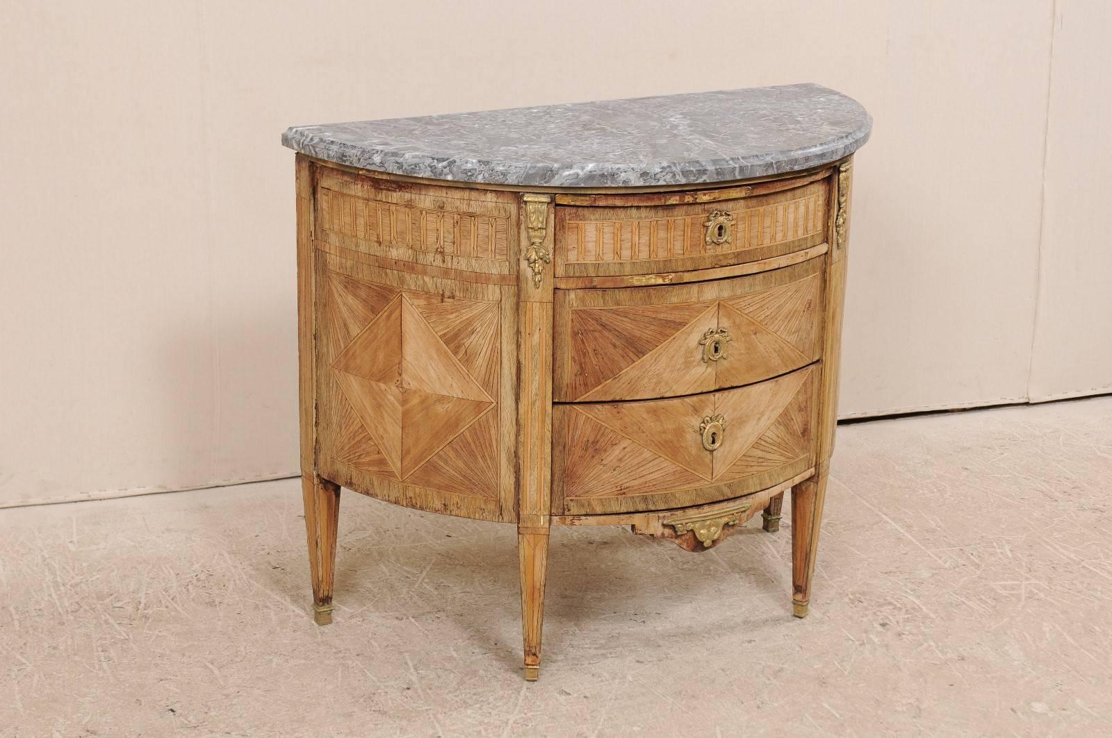 Metal French 19th Century, Demilune Chest with Honed Marble and Marquetry Wood Details