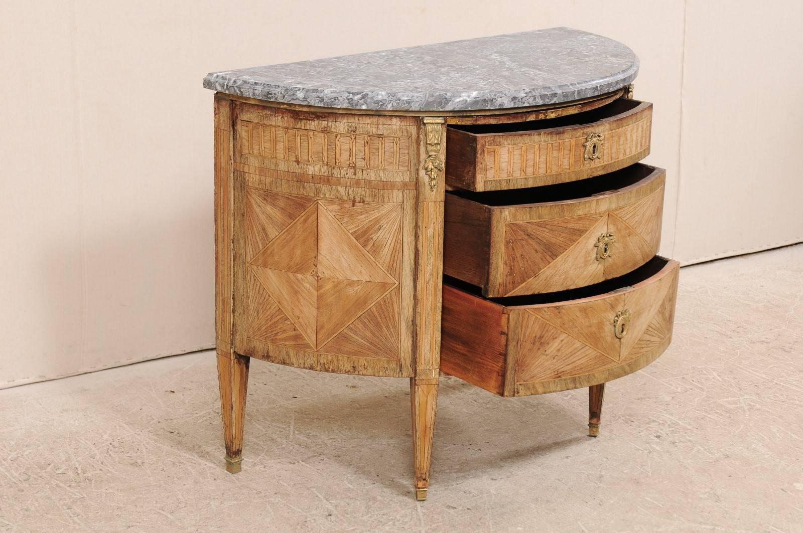 French 19th Century, Demilune Chest with Honed Marble and Marquetry Wood Details 4