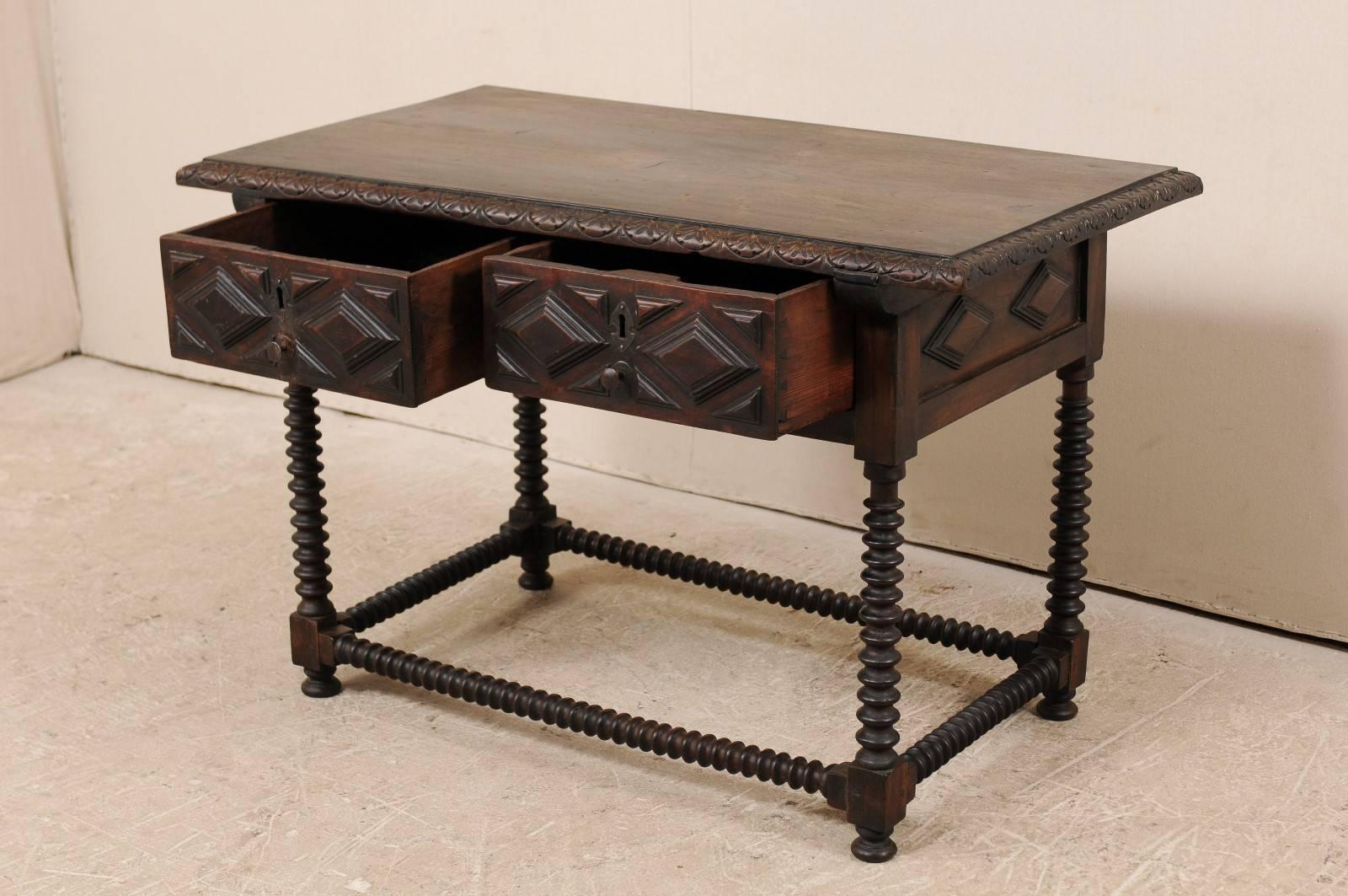Carved Spanish Early 18th Century Walnut Wood Desk with Spindled Legs and Box Stretcher