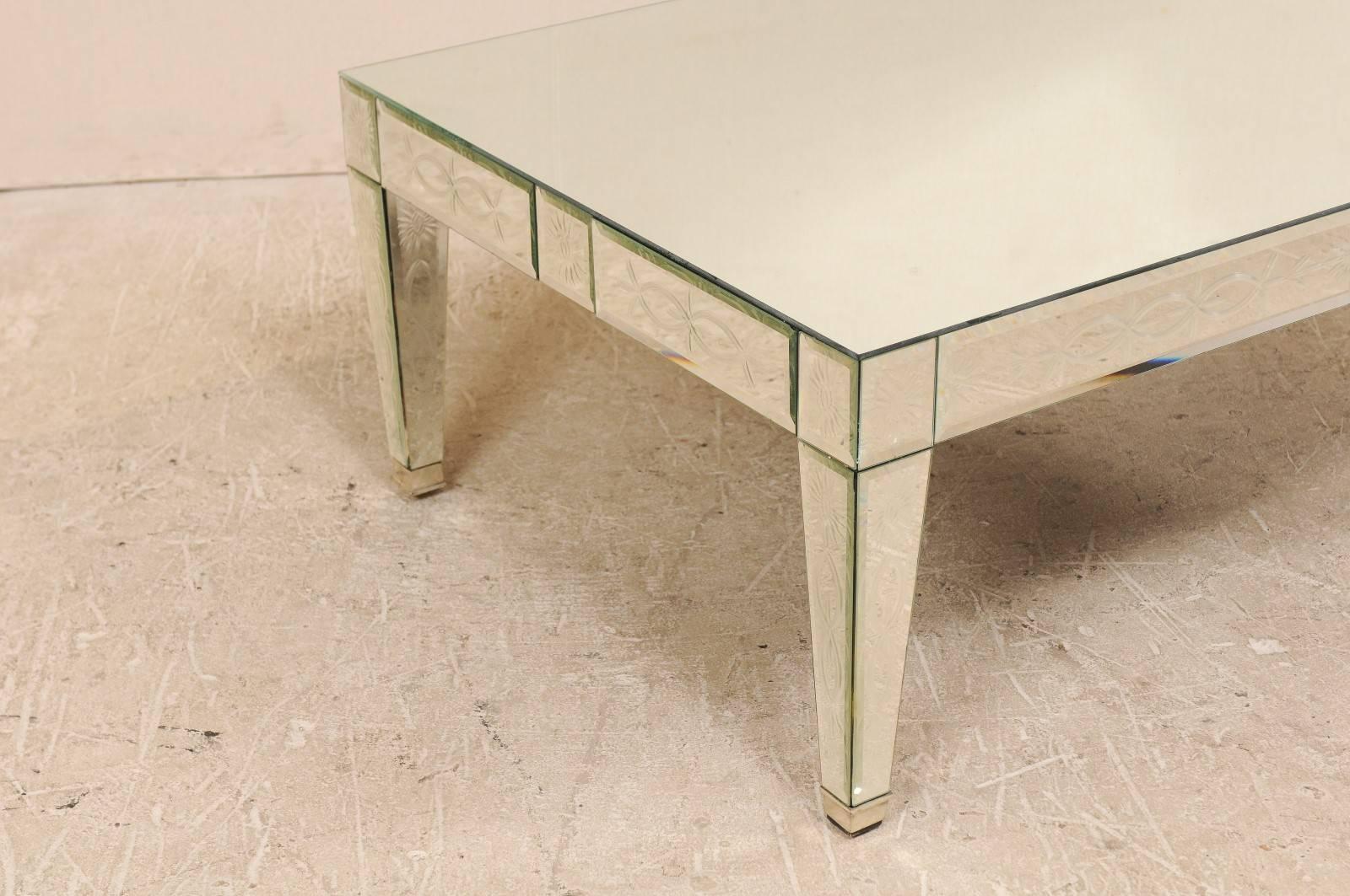 French A Venetian-Style Vintage Mirrored Coffee Table, Artisan Hand-Silvered