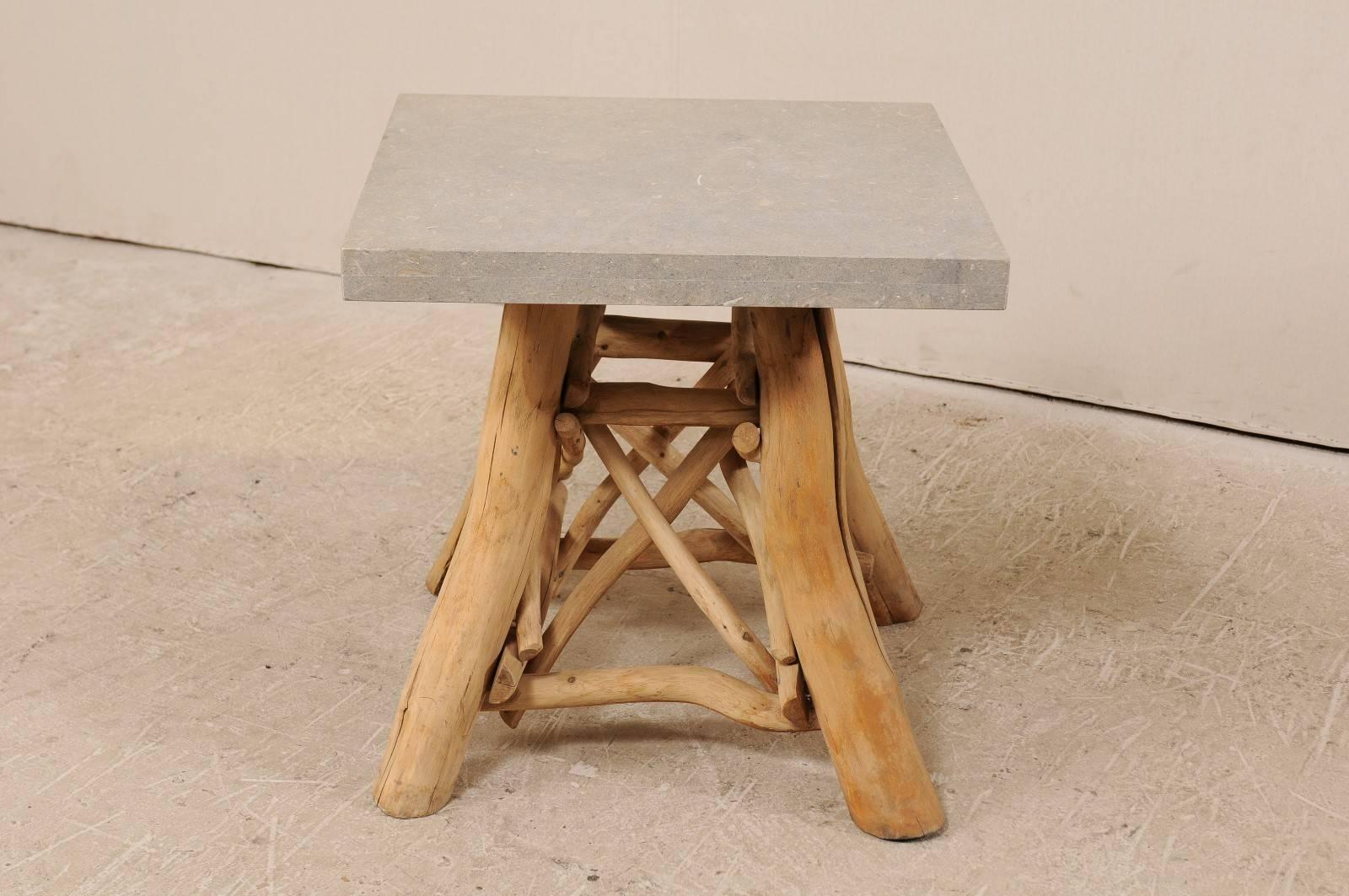20th Century European Rustic Natural Tree Branch Occasional Table with Honed Stone Top