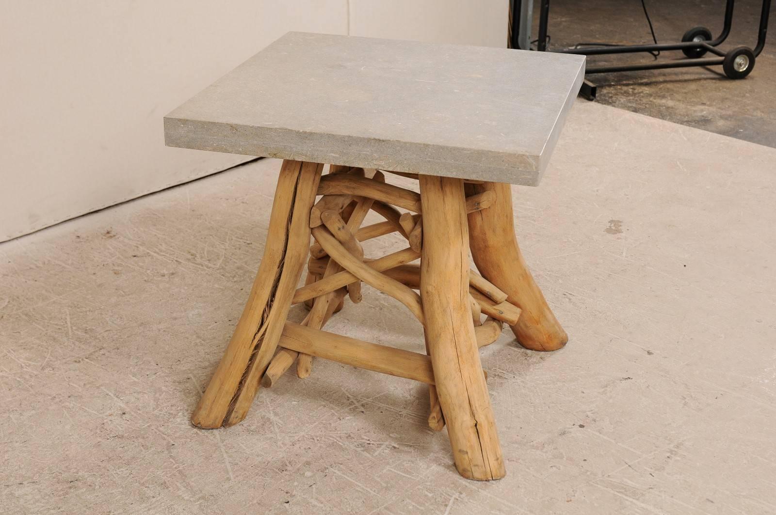 European Rustic Natural Tree Branch Occasional Table with Honed Stone Top 1